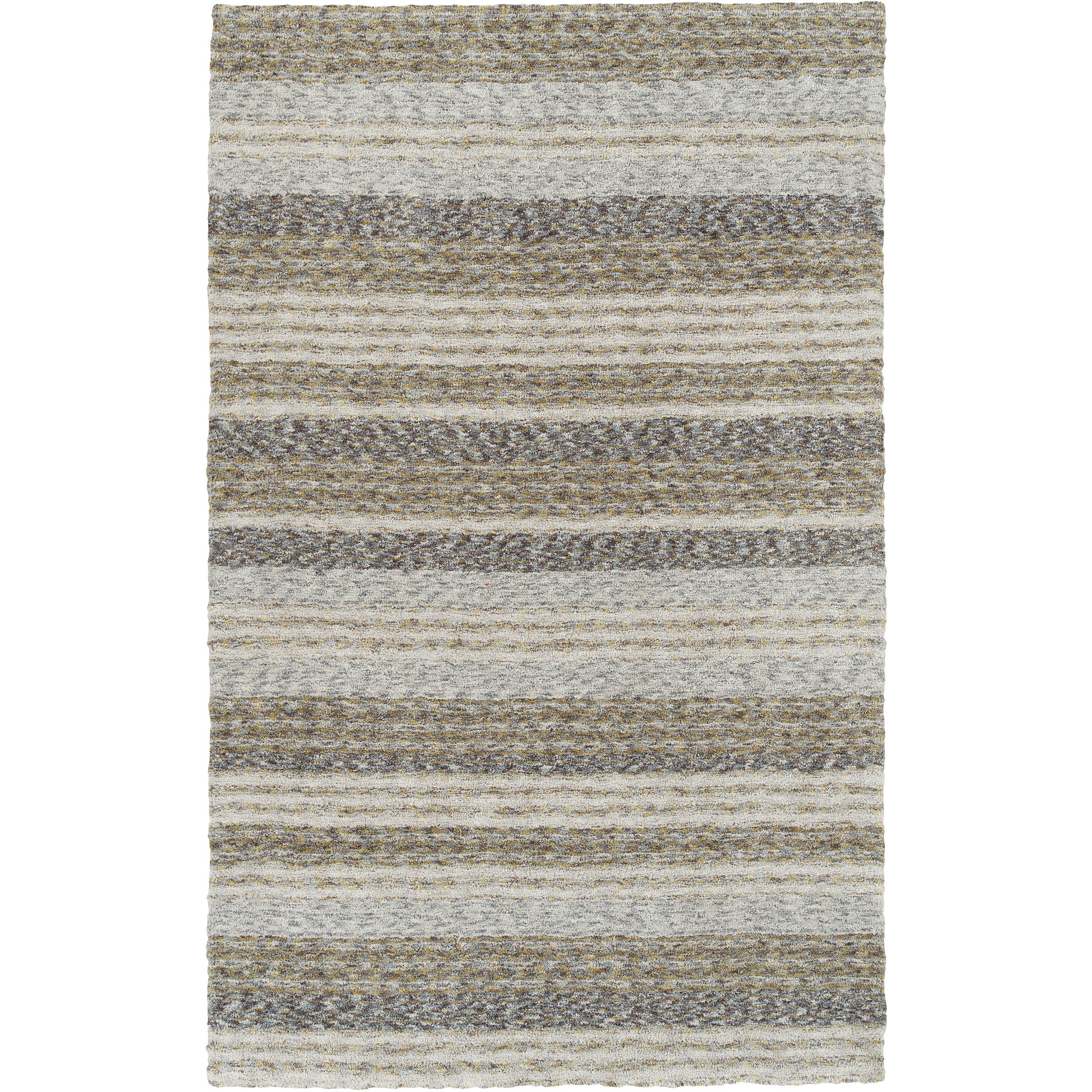 Neutral area rug with horizontal textured stripes in gray, beige and brown tones.