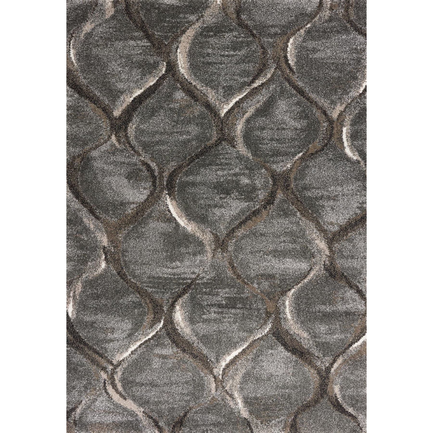 Gray area rug with a wavy, abstract geometric pattern in light and dark tones.