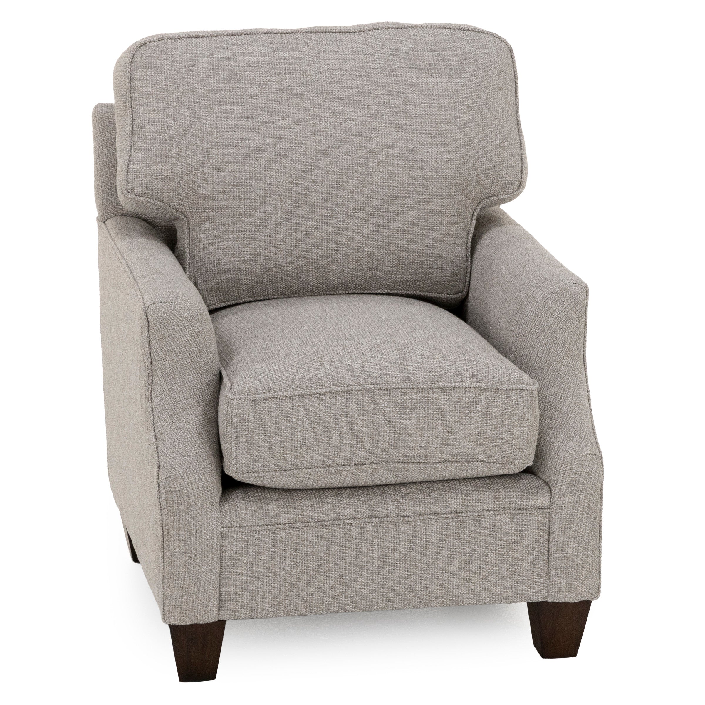 Light gray upholstered armchair with padded seat, backrest, and wooden legs.