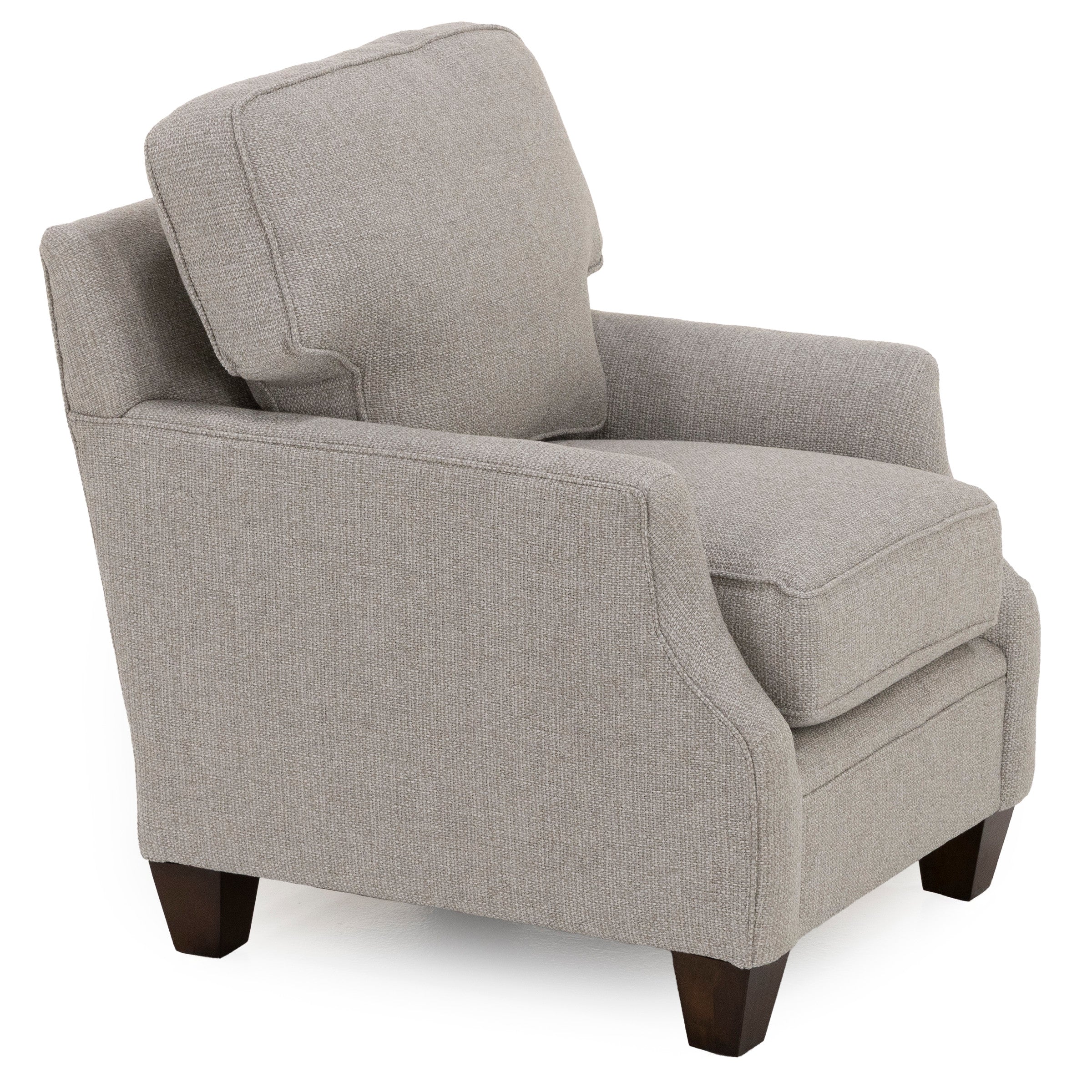 Light gray upholstered armchair with wooden legs.