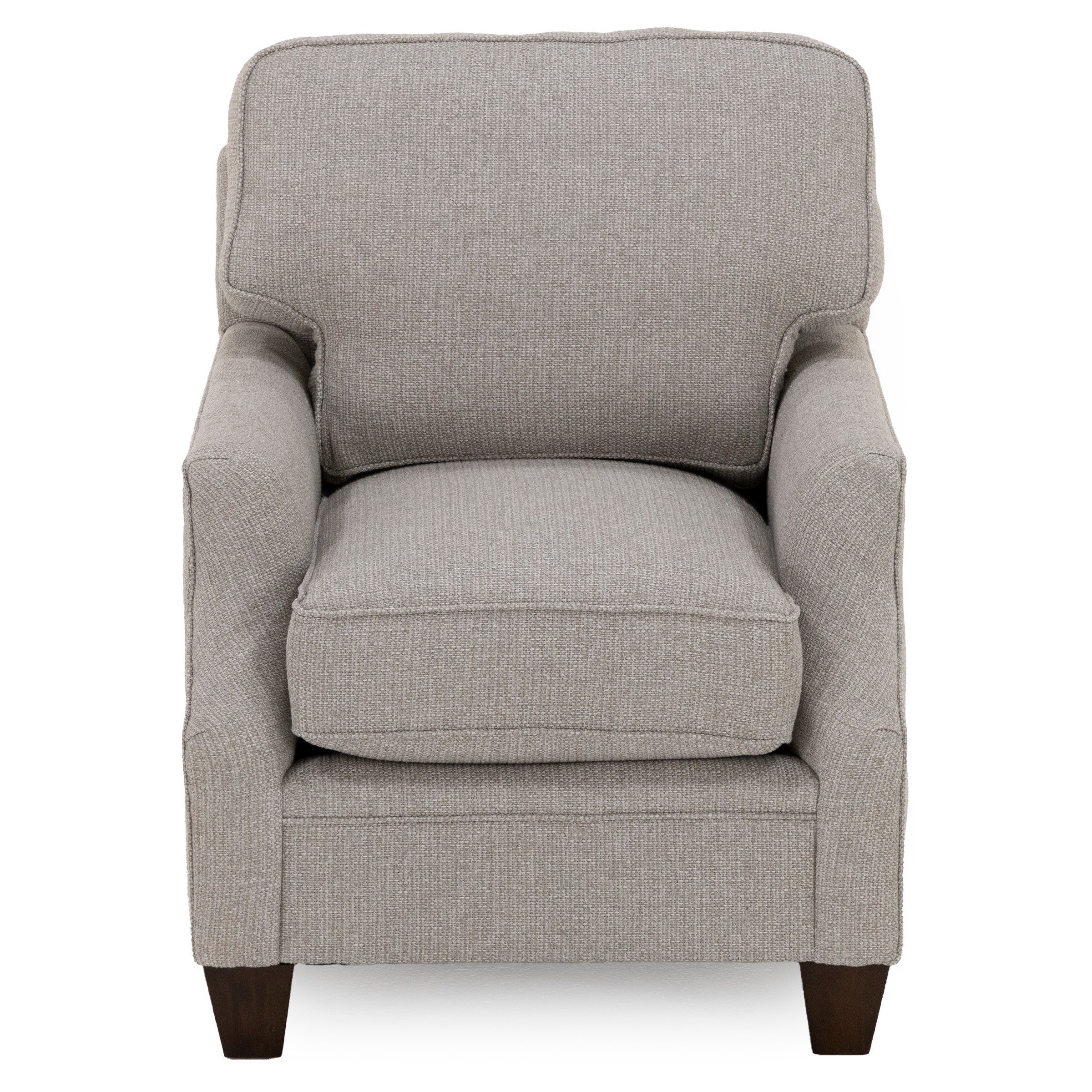 Light gray upholstered armchair with wooden legs, shown from the front.
