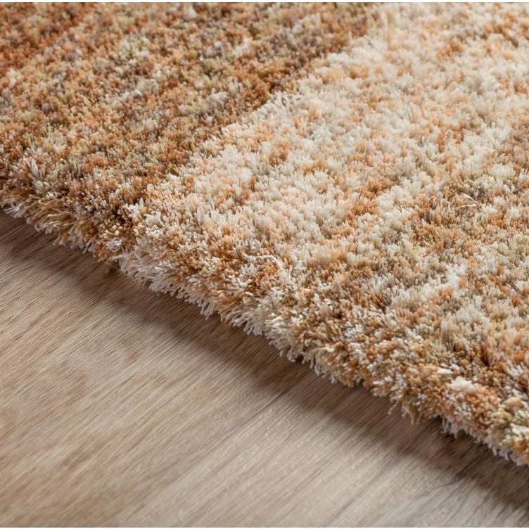 Close-up of a textured, multi-toned rug edge on a light wood floor.
