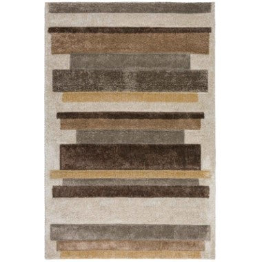 Rectangular area rug with horizontal brown and beige stripes on a light background.