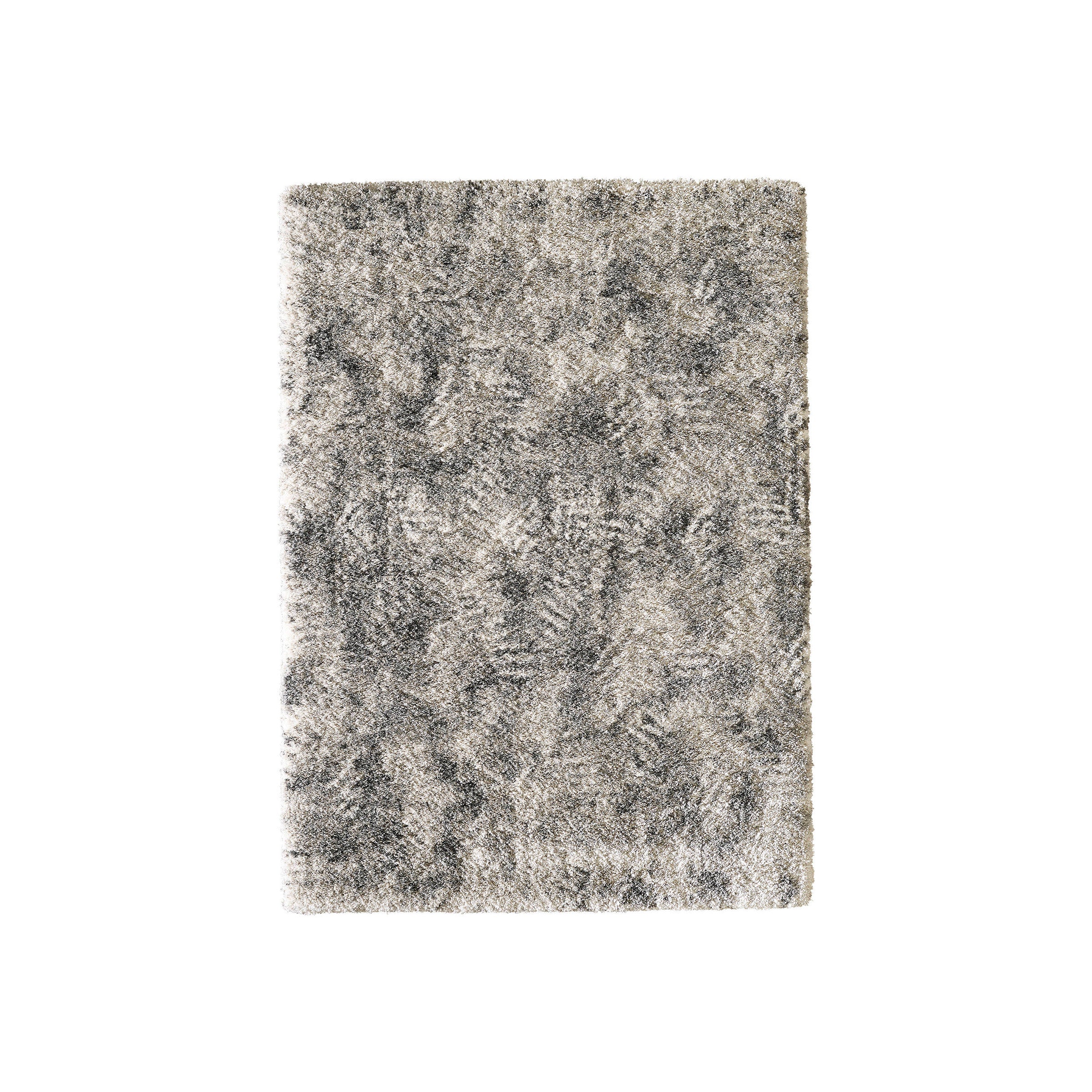 Rectangular gray and cream shag rug with a textured pattern.