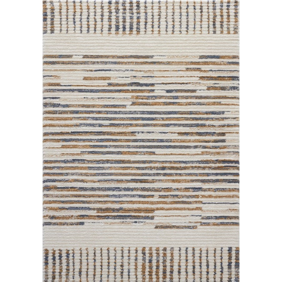 Modern area rug with horizontal blue and brown lines on a cream background.
