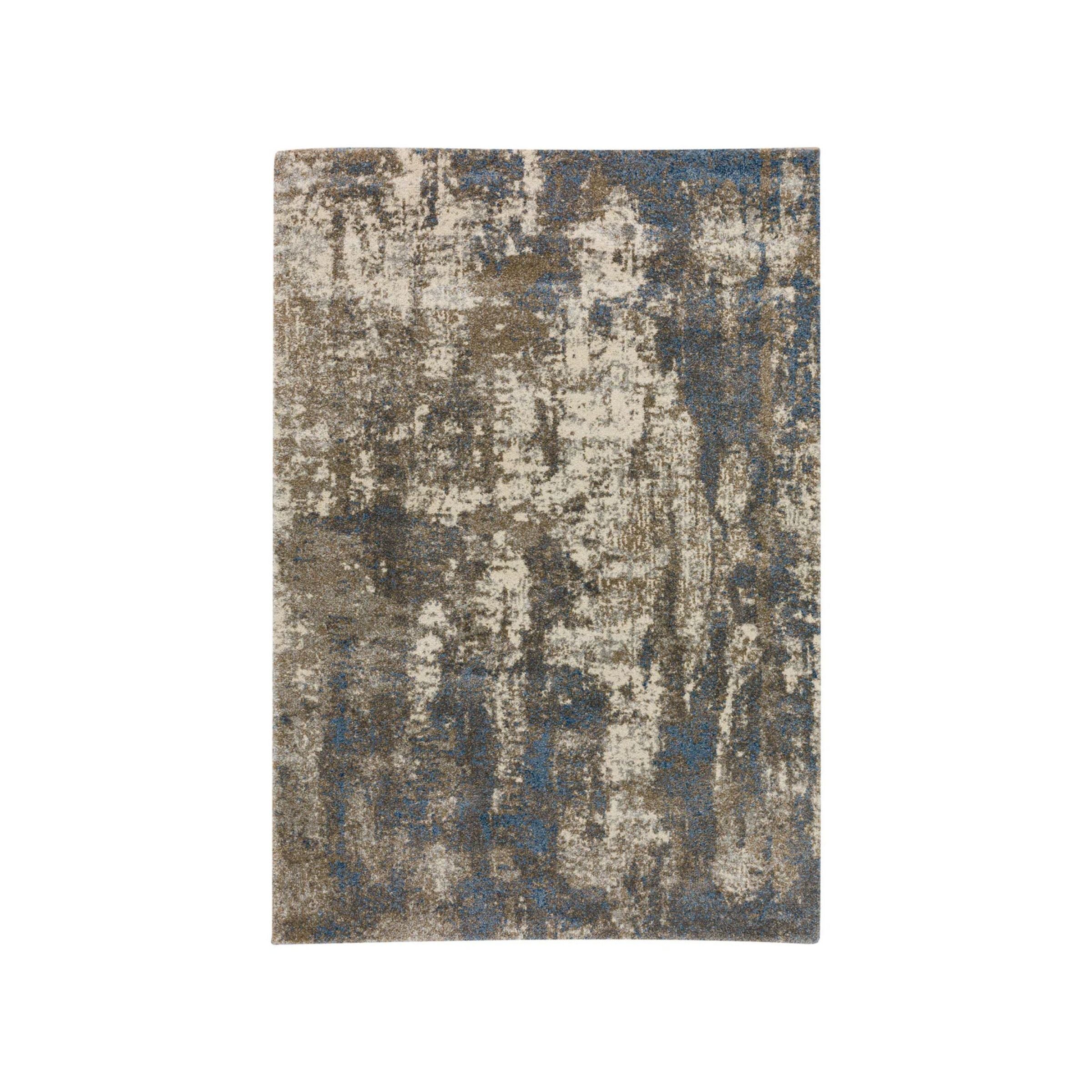 Abstract rug with a mix of beige, brown, and blue tones.