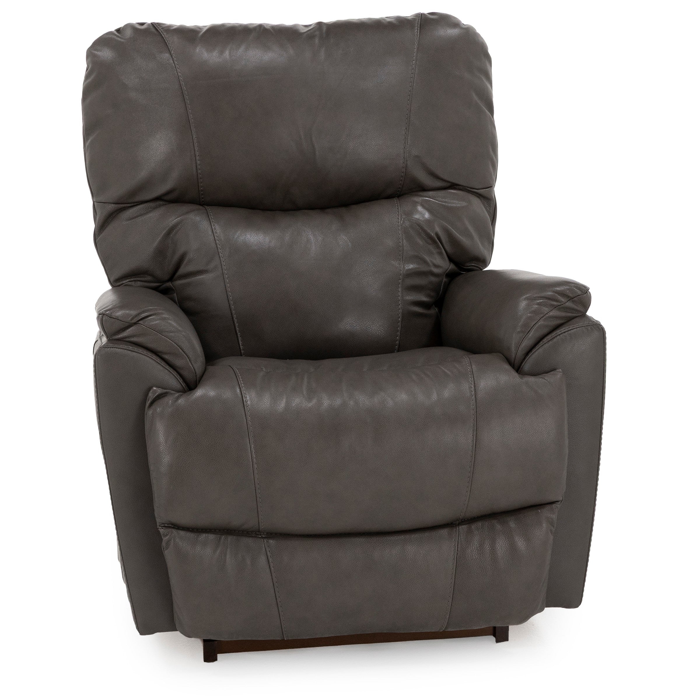 Dark gray leather recliner armchair, front view.