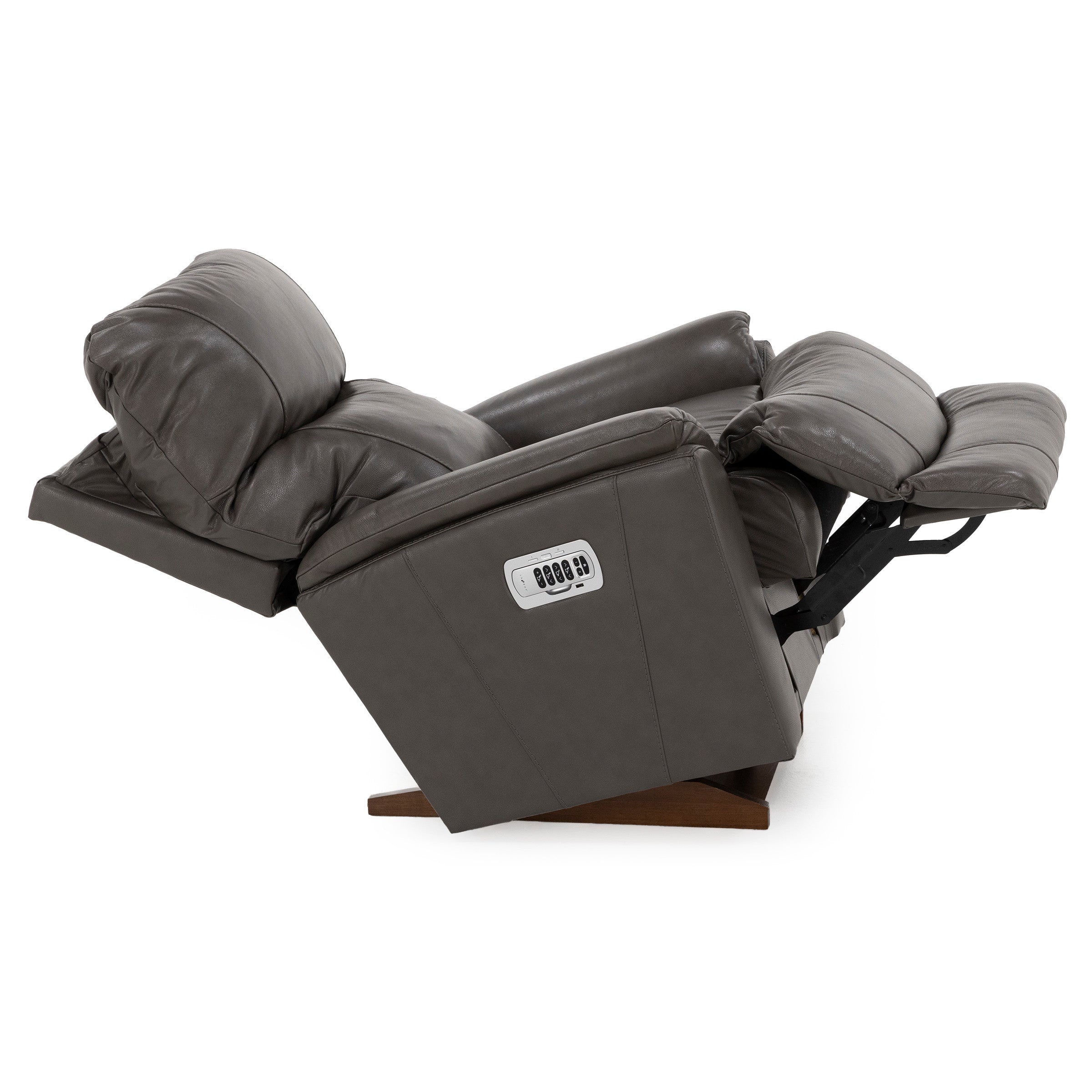 Reclining gray leather chair with control panel, shown in extended position.