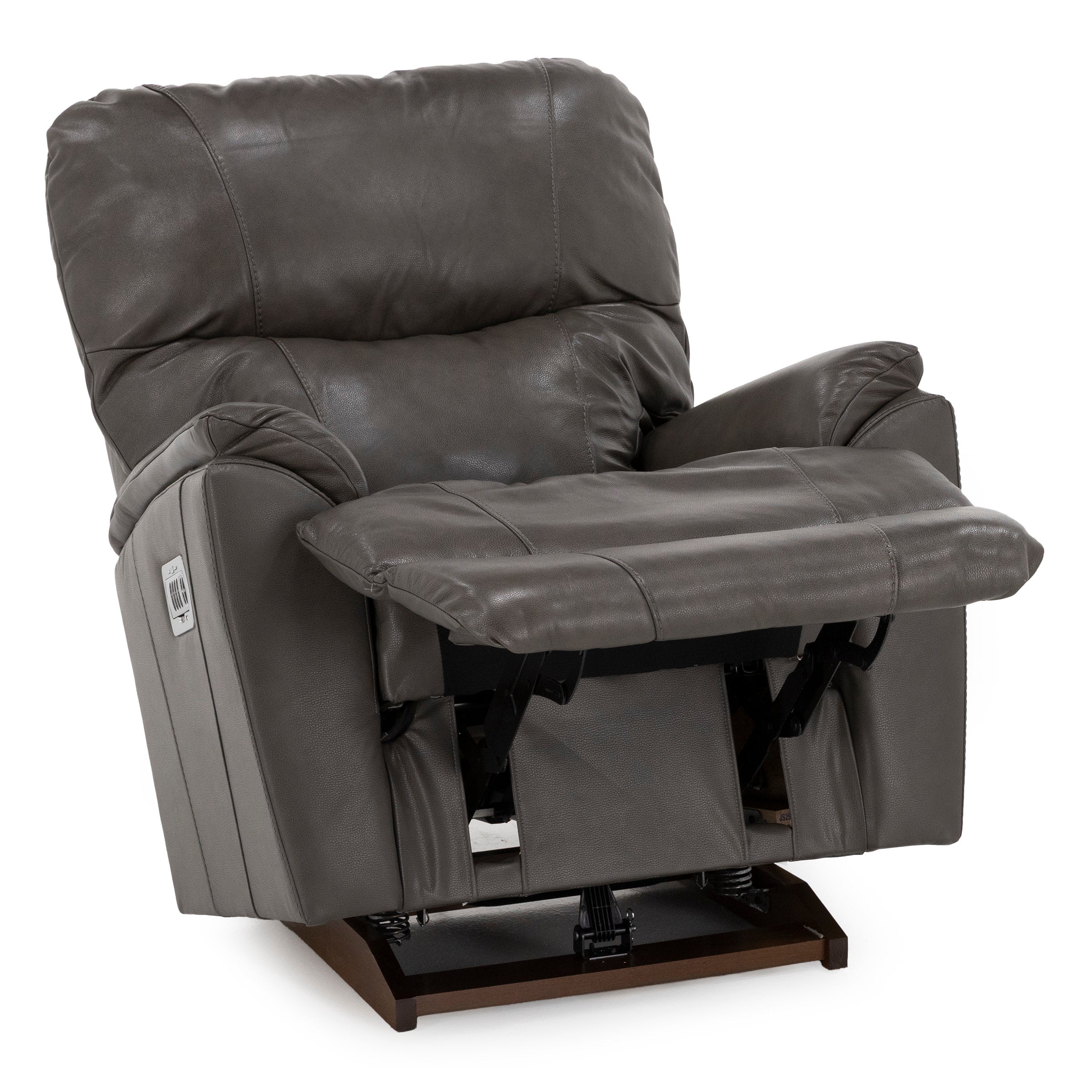 Gray leather recliner chair with elevated footrest.