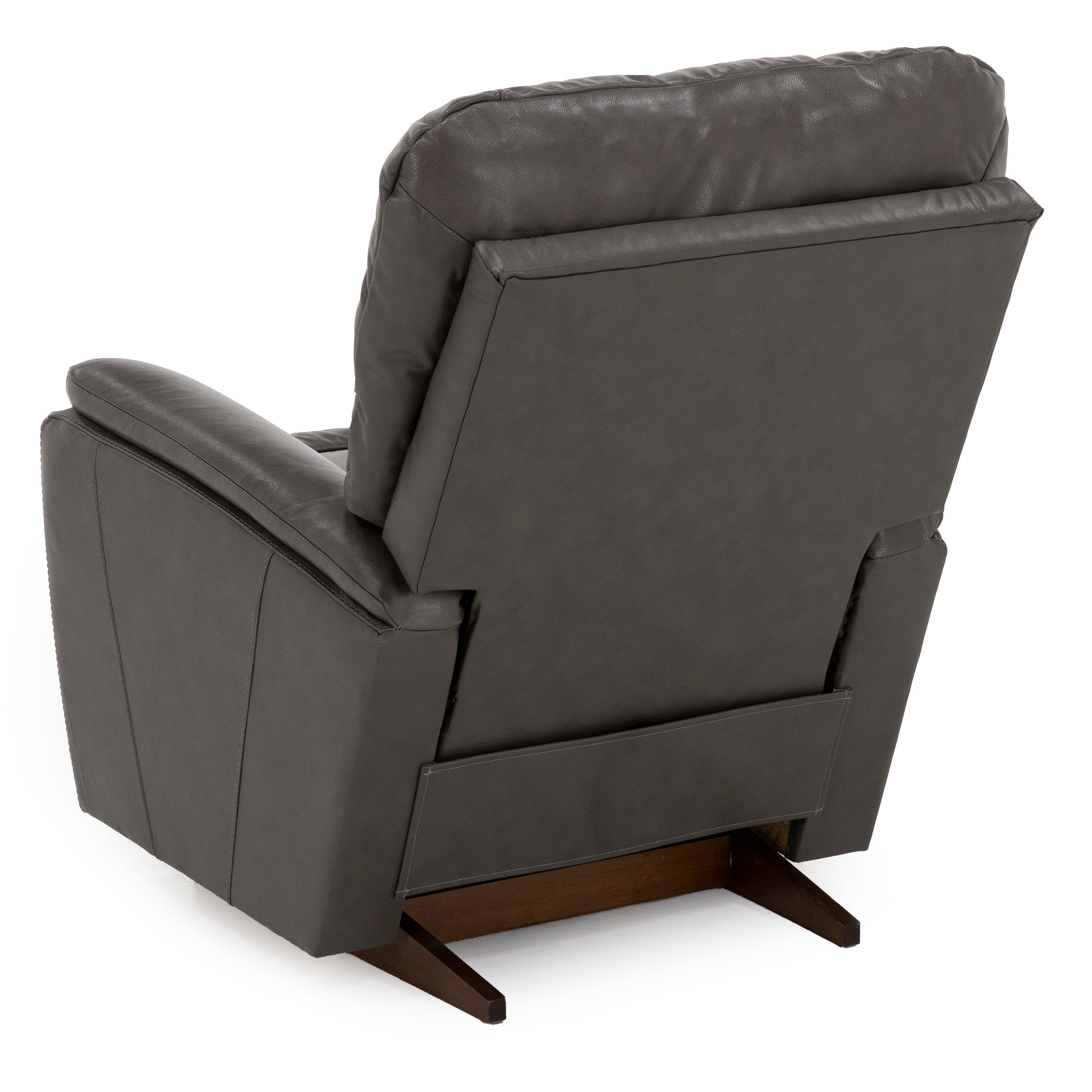Back view of a dark gray recliner with wooden base.