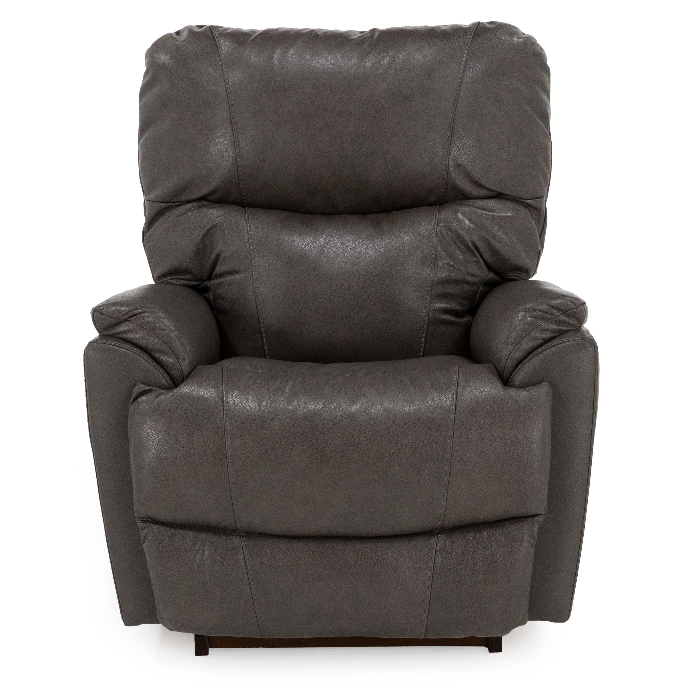 Dark gray leather recliner chair with plush cushion and wide armrests.
