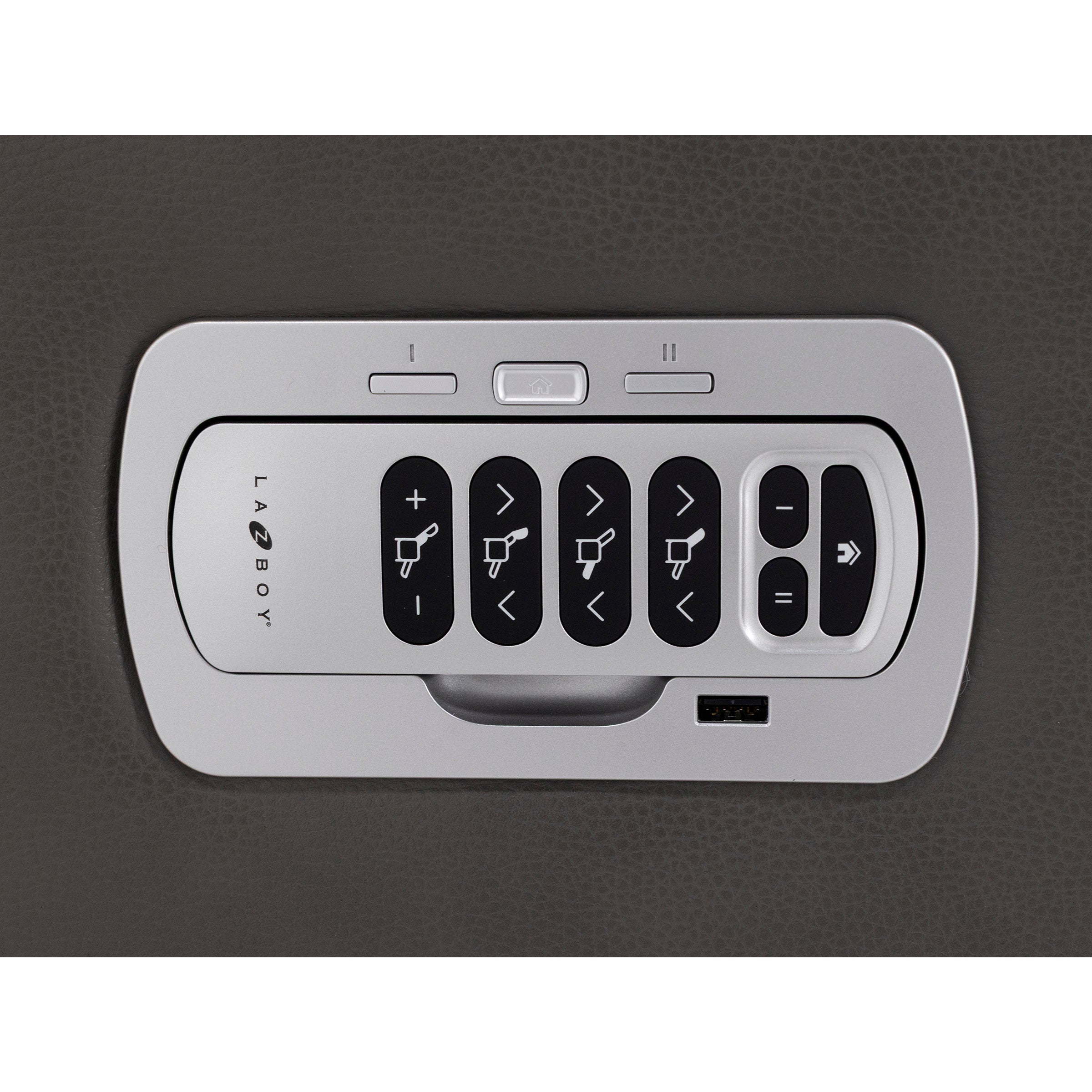 La-Z-Boy recliner silver control panel with seat adjustment buttons and USB port.
