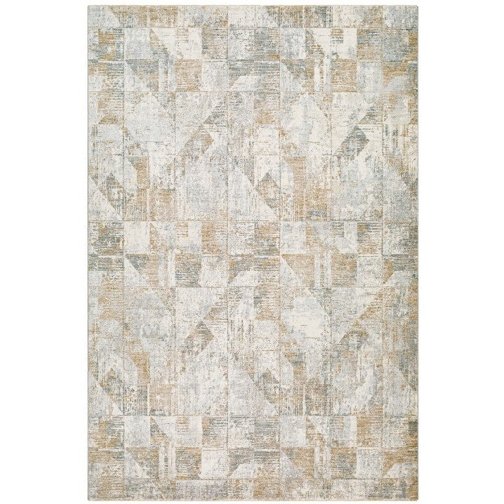Modern area rug with a beige and gray geometric pattern.