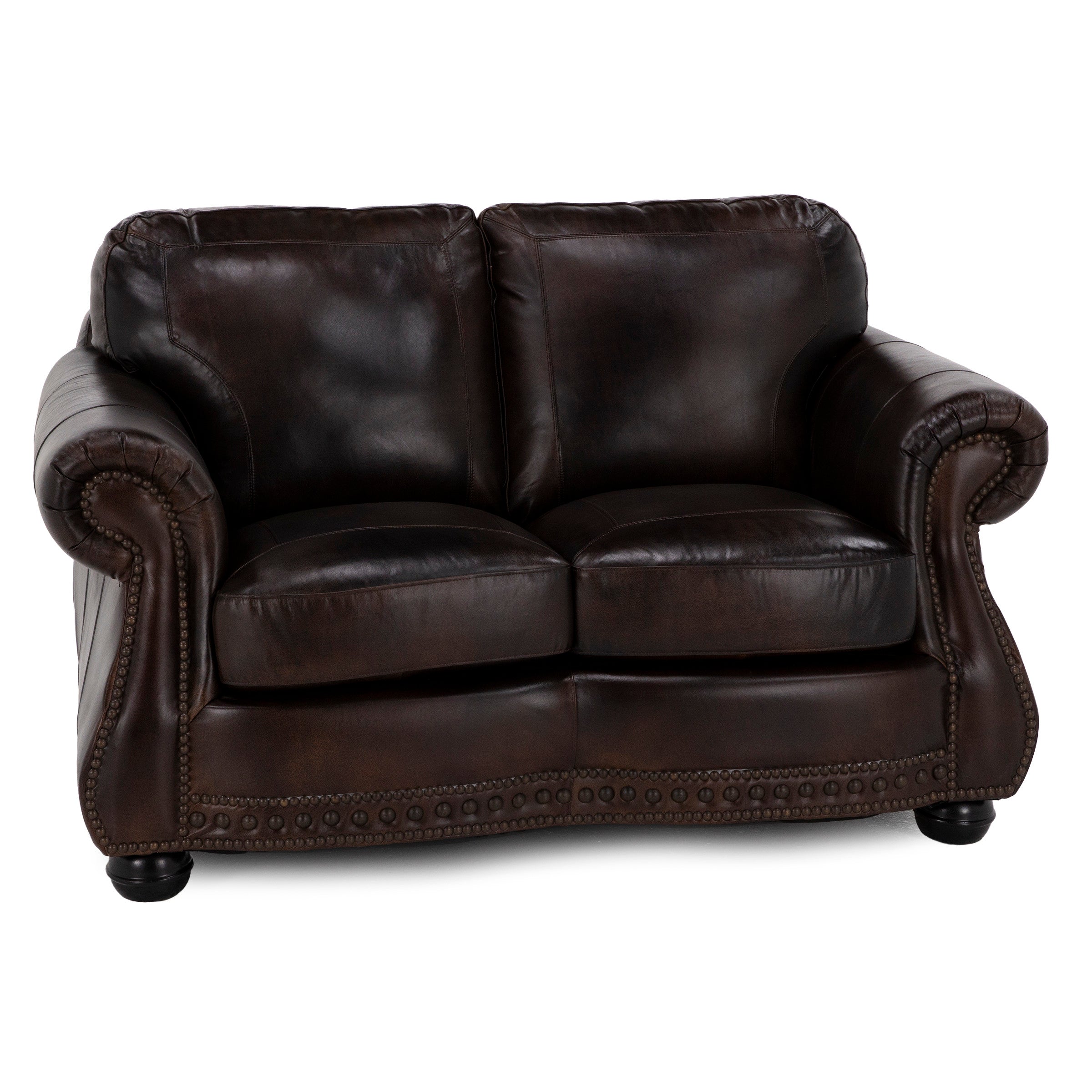 Dark brown leather loveseat with rolled arms and nailhead trim.