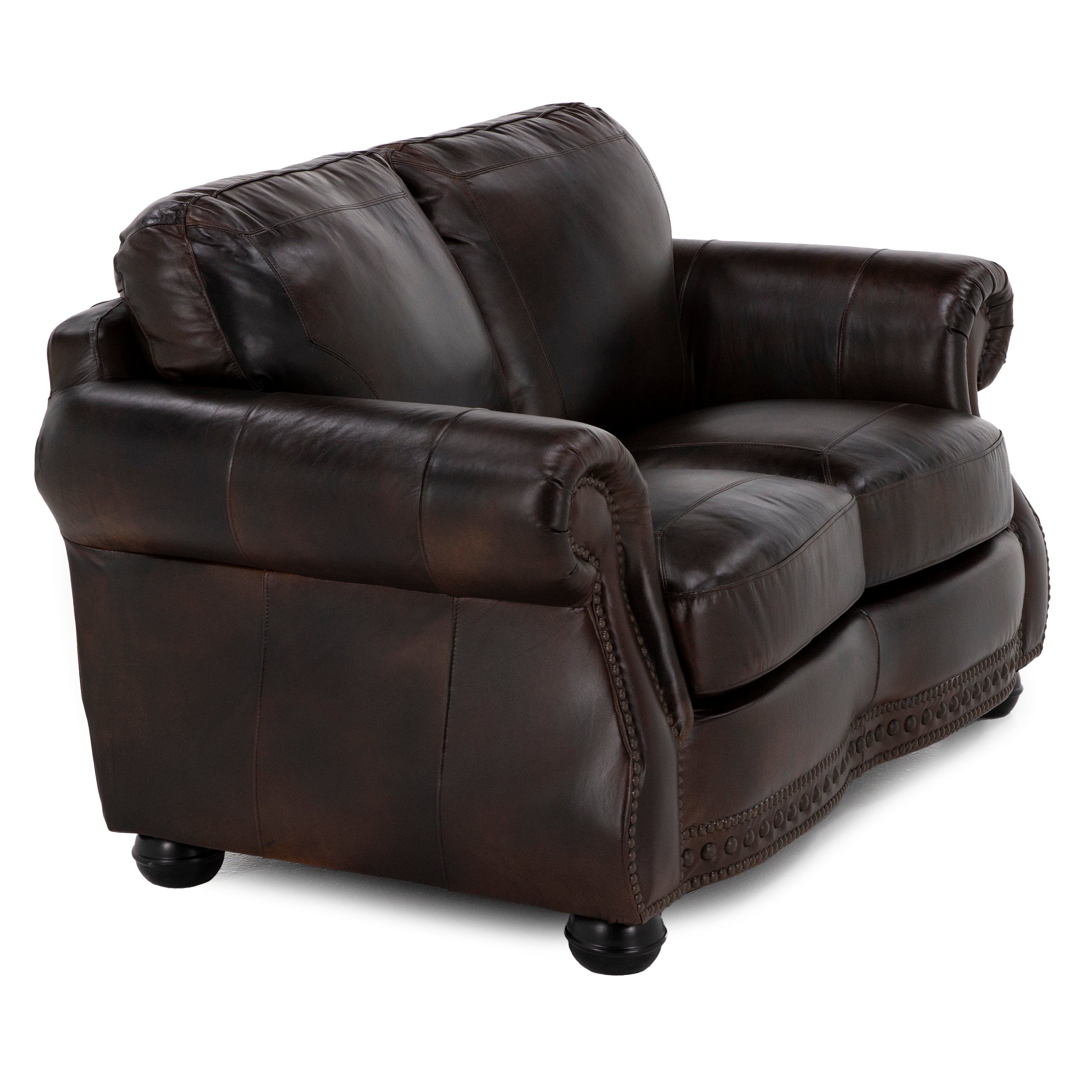 Dark brown leather loveseat with rolled arms and nailhead trim.