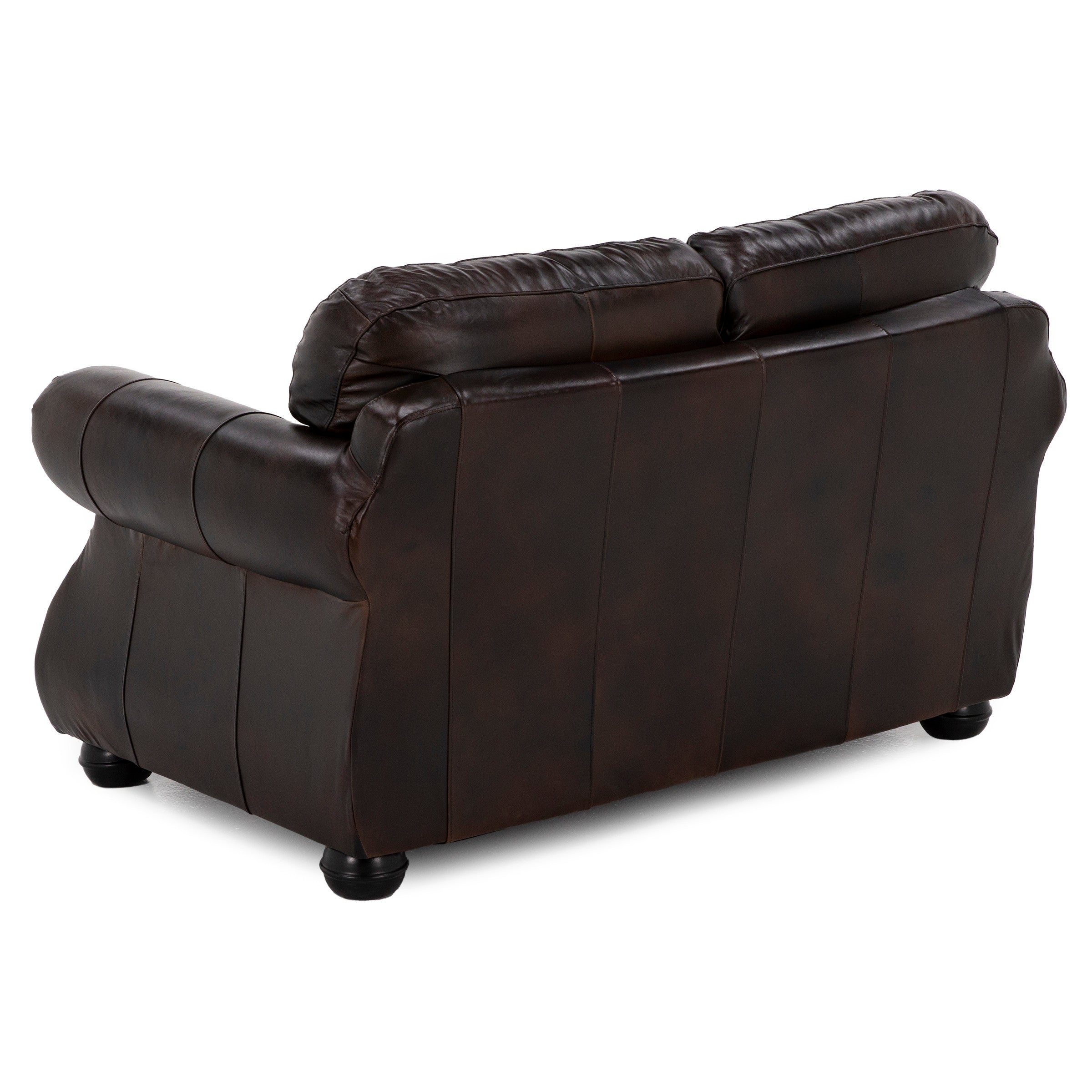 Back view of a dark brown leather loveseat with rolled arms and cushioned backrest.