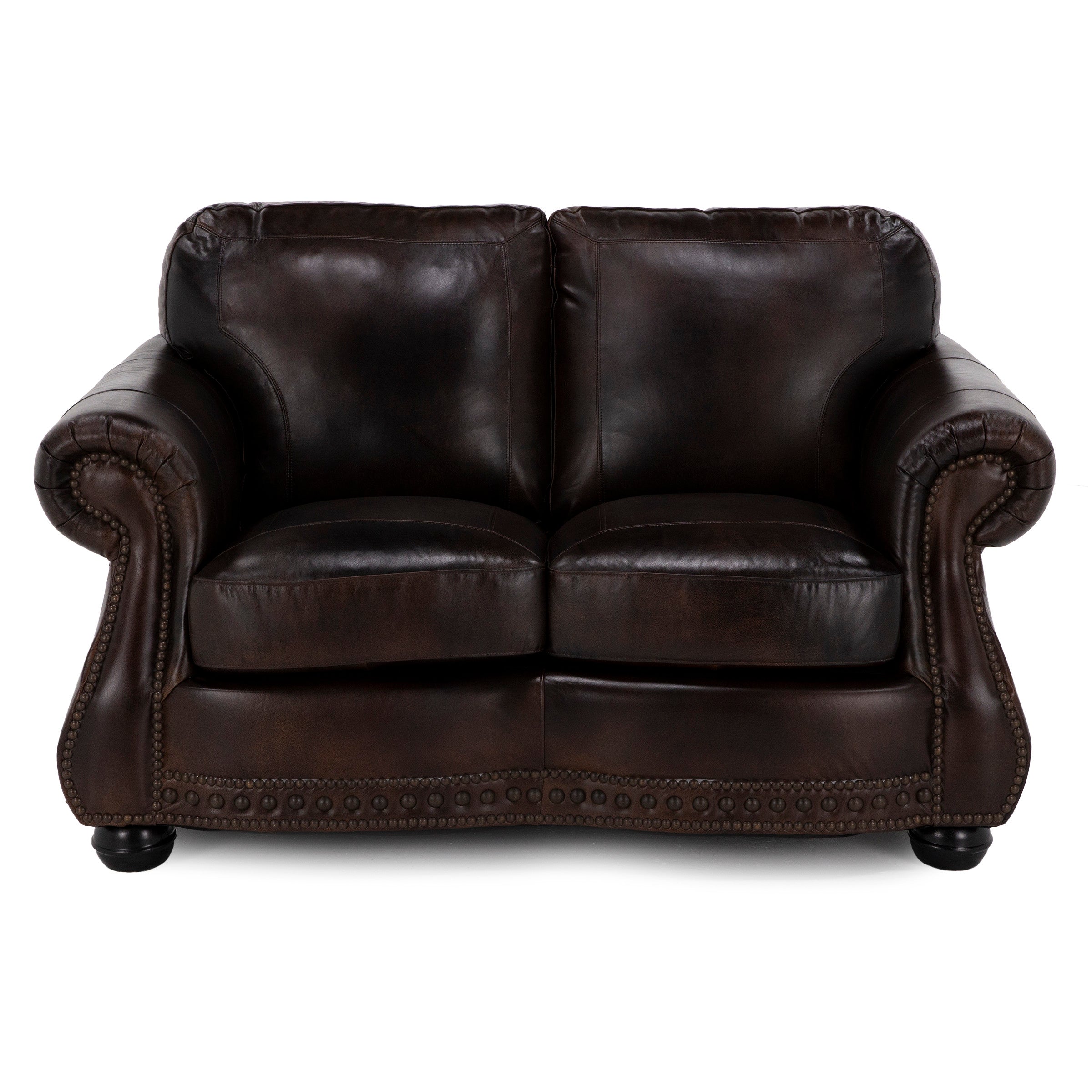 Dark brown leather loveseat with rolled arms and nailhead trim.