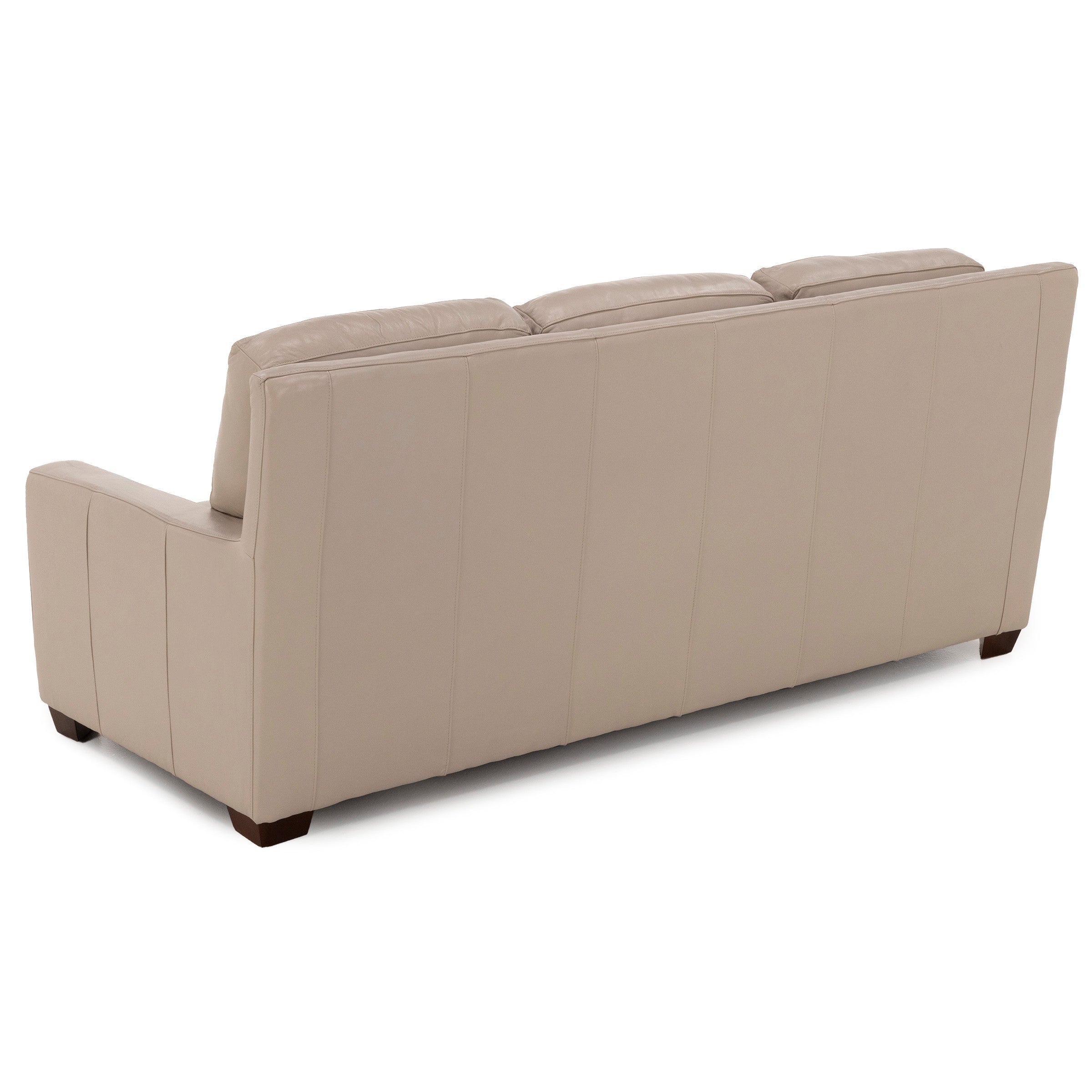 Back view of a beige leather sofa with wooden legs.