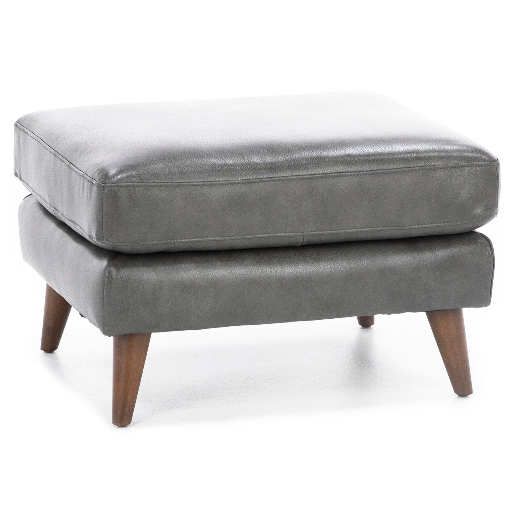 Gray leather ottoman with wooden legs.