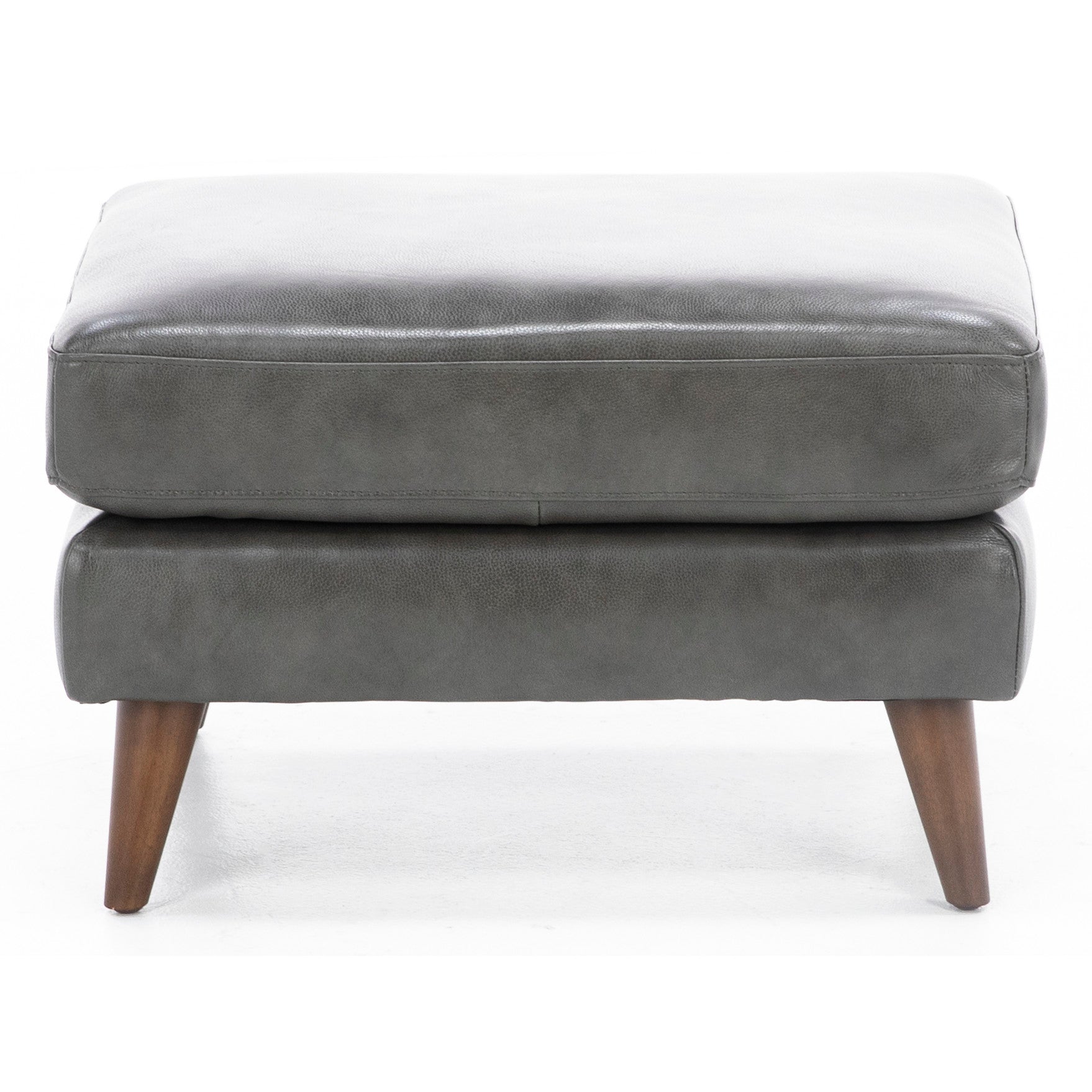 Dark gray leather ottoman with wooden legs, shown from the front.