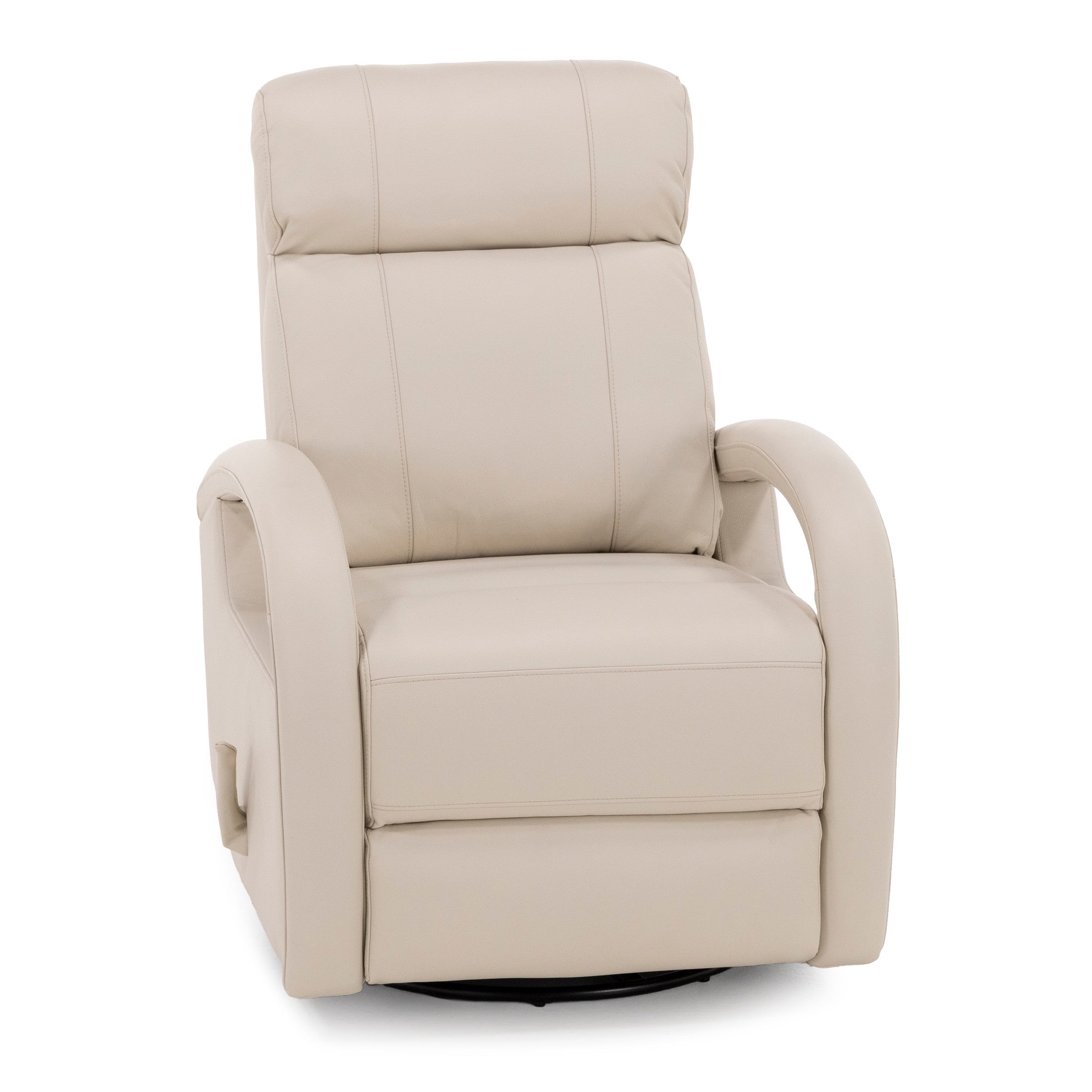 Beige leather recliner chair with padded arms and backrest, front view.