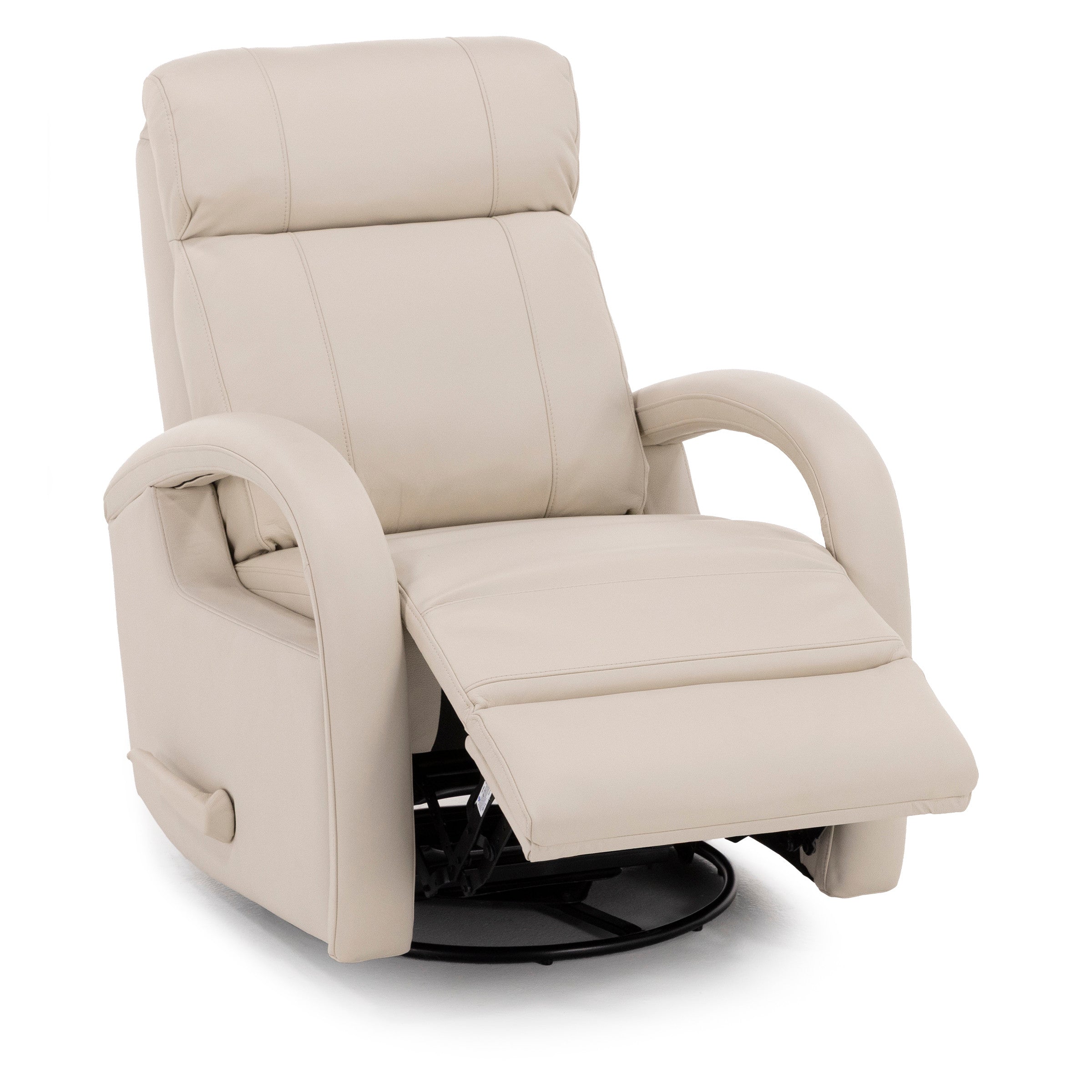 Beige leather recliner chair with extended footrest.