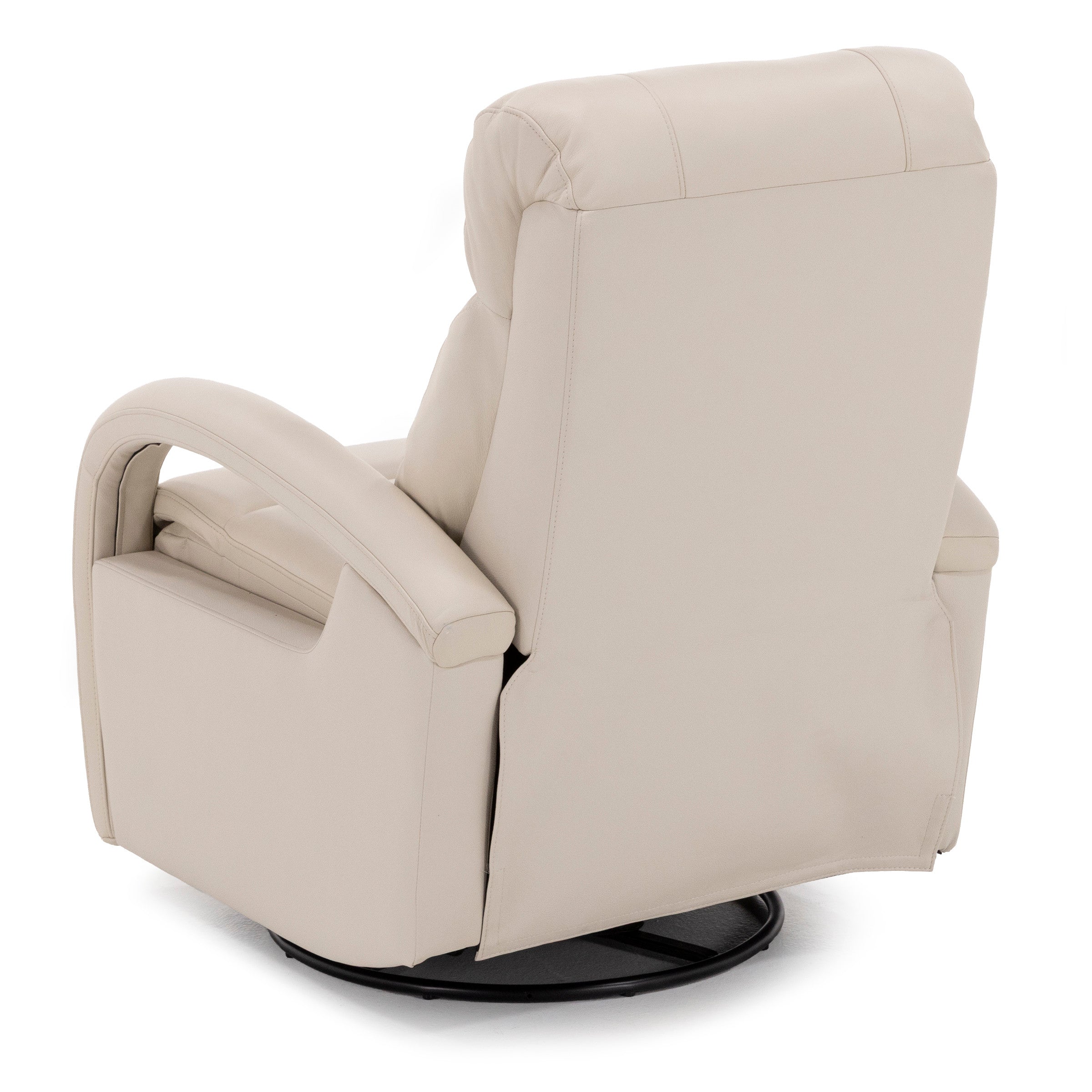 Back view of a beige leather swivel recliner chair.