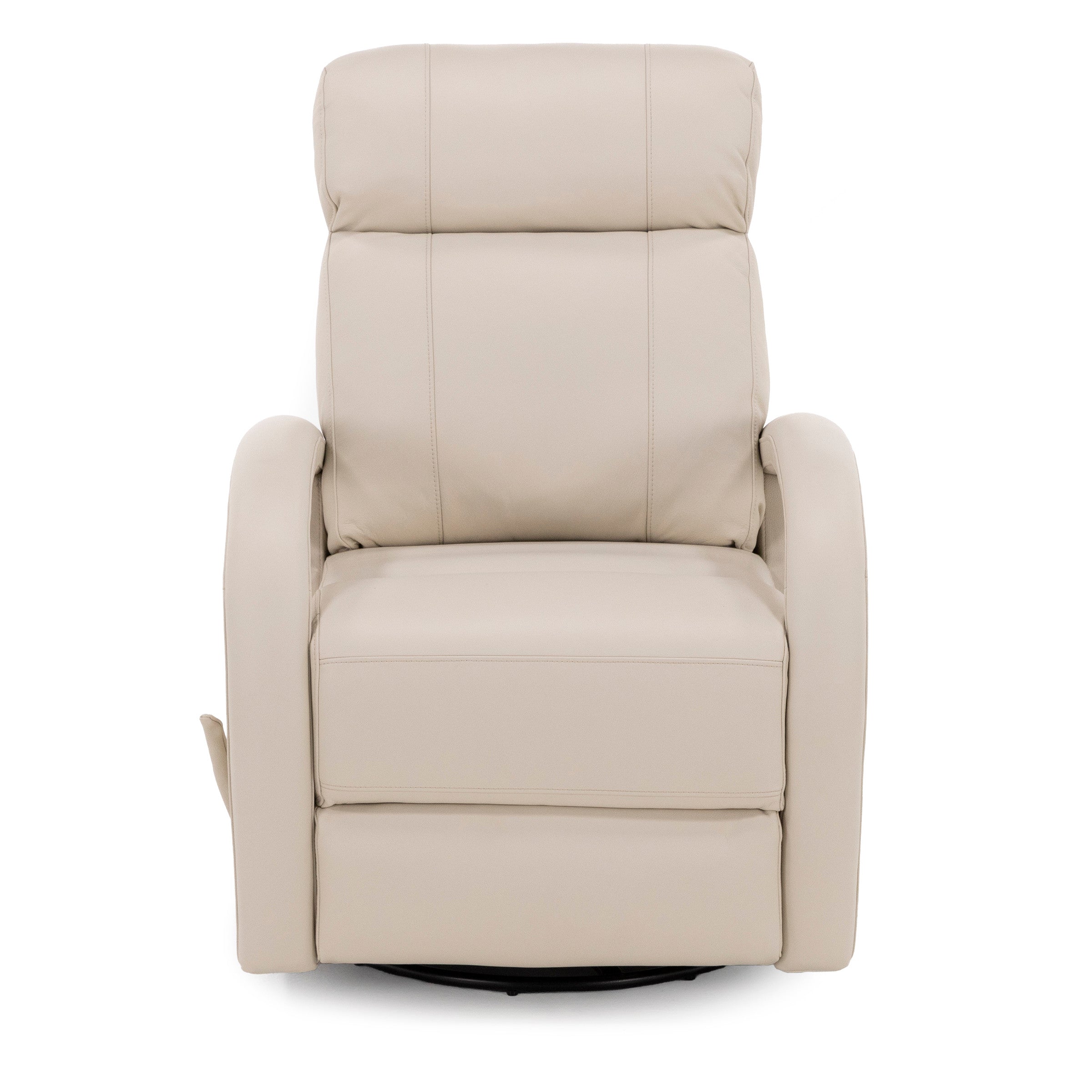 Beige leather recliner chair, front view.
