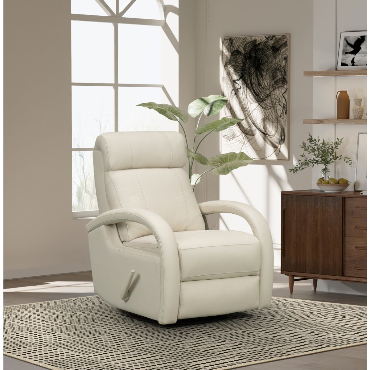 Modern cream recliner chair in a bright living room with a window and contemporary decor.