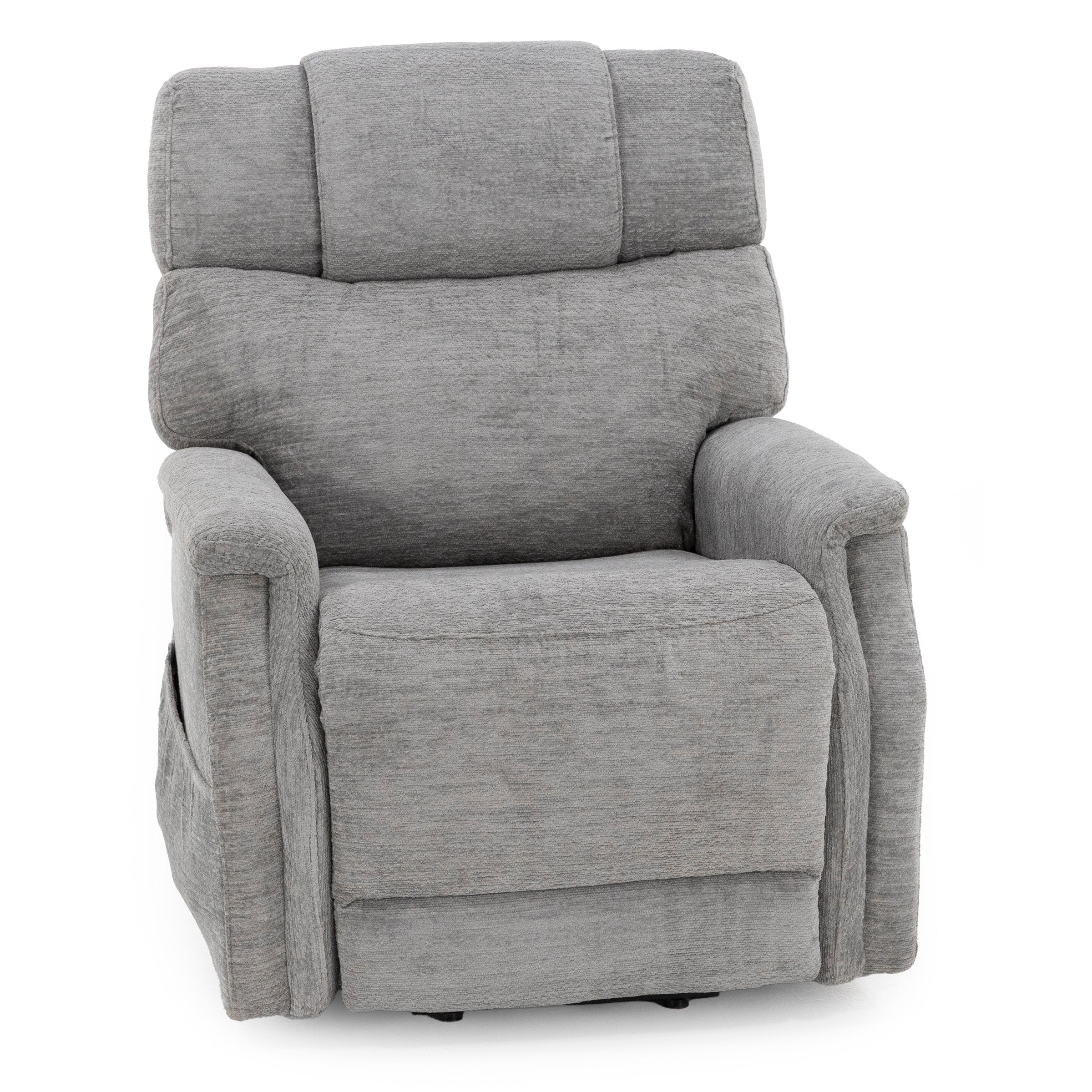 Plush gray upholstered recliner chair with padded arms and headrest.
