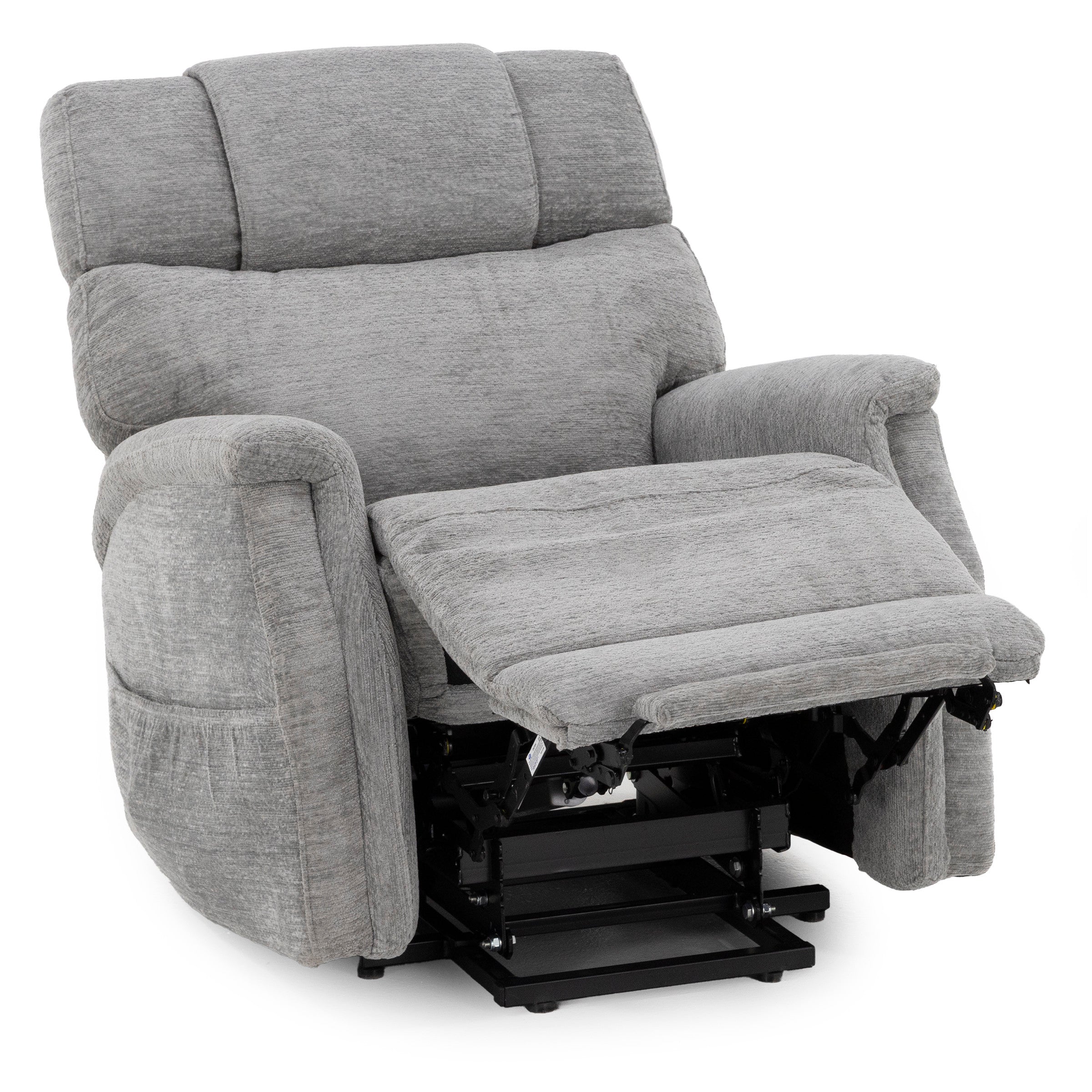 Gray fabric recliner chair with extended footrest.