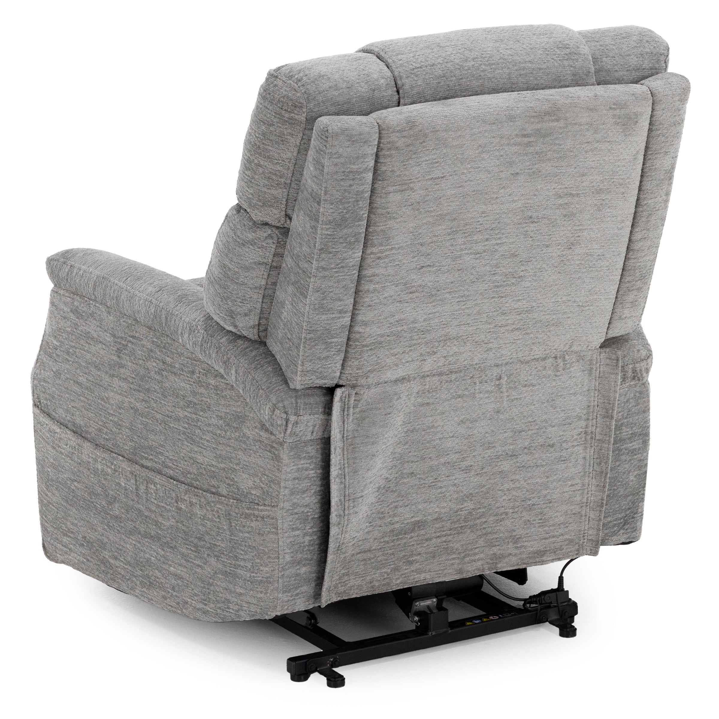 Back view of a gray fabric reclining chair with visible metal lift mechanism.