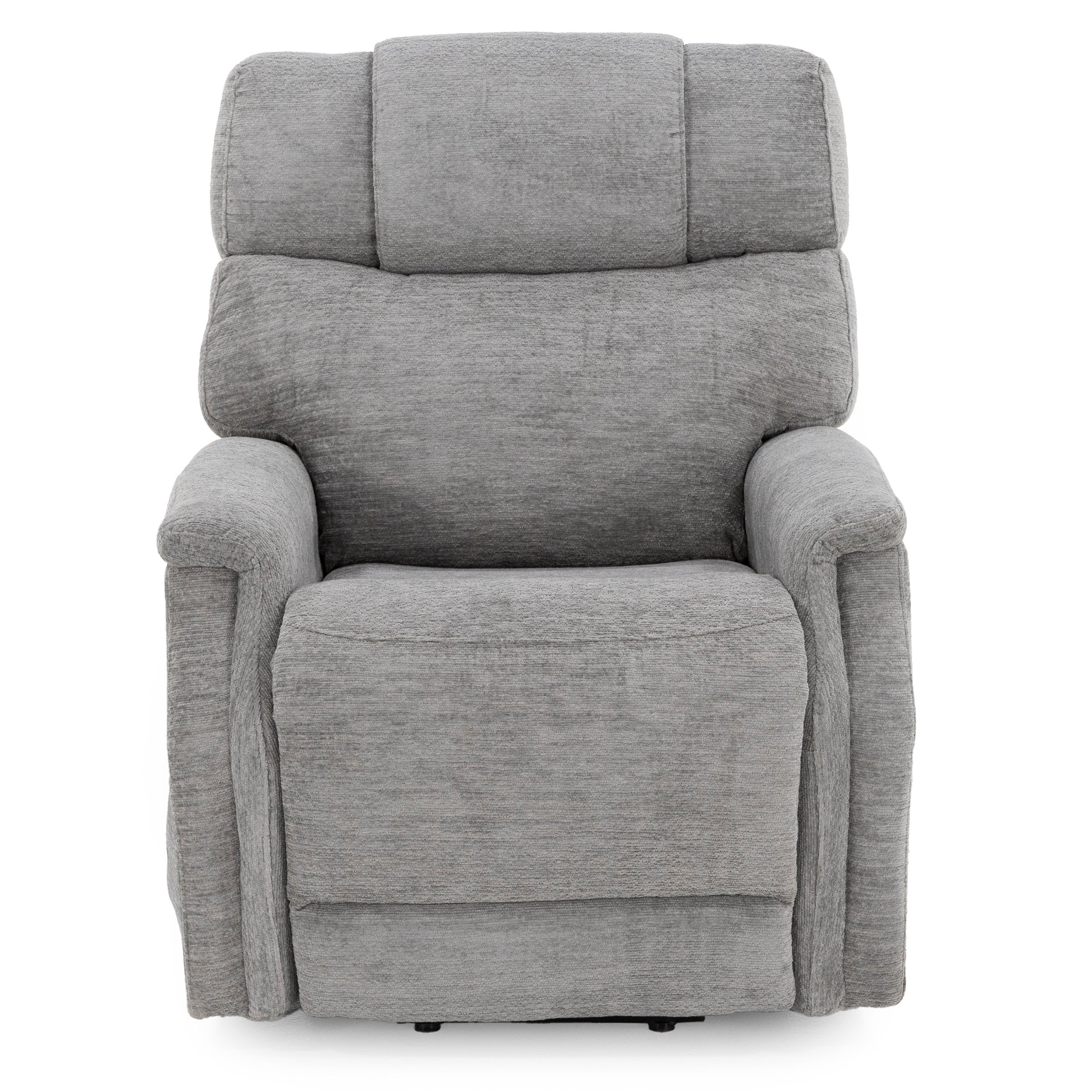 Front view of a gray upholstered recliner chair.