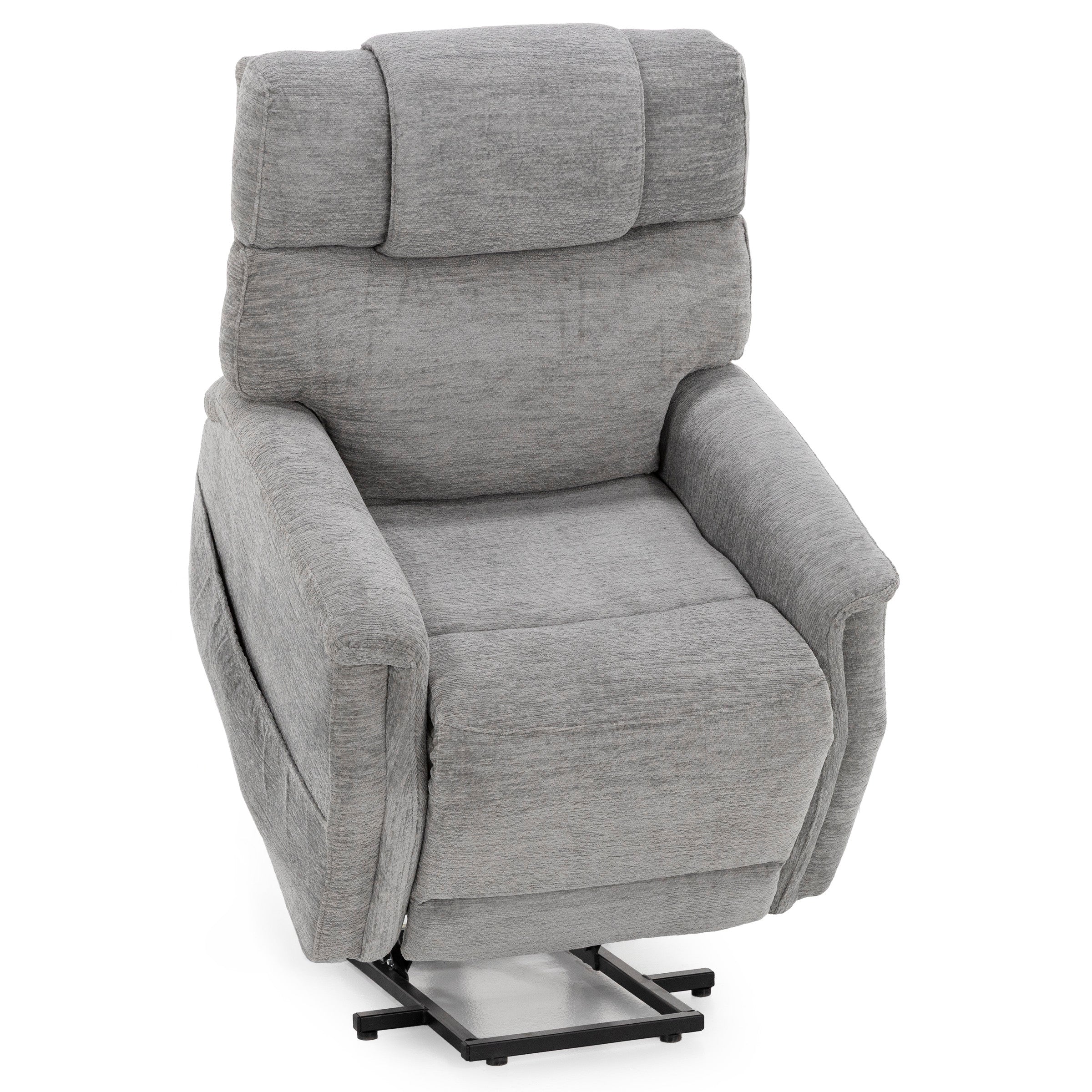 Gray upholstered power lift recliner chair on a white background.