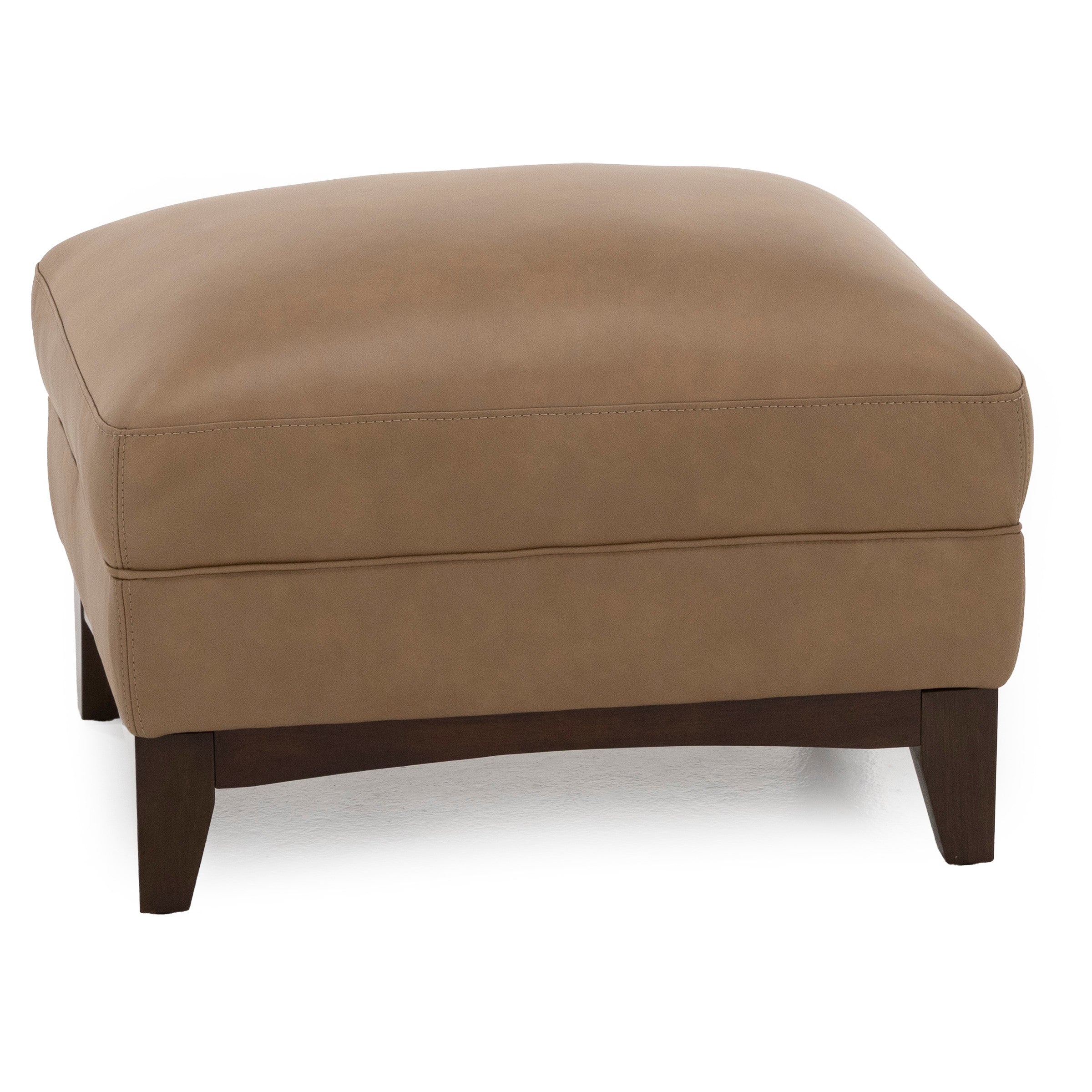 Tan leather ottoman with dark wooden legs.