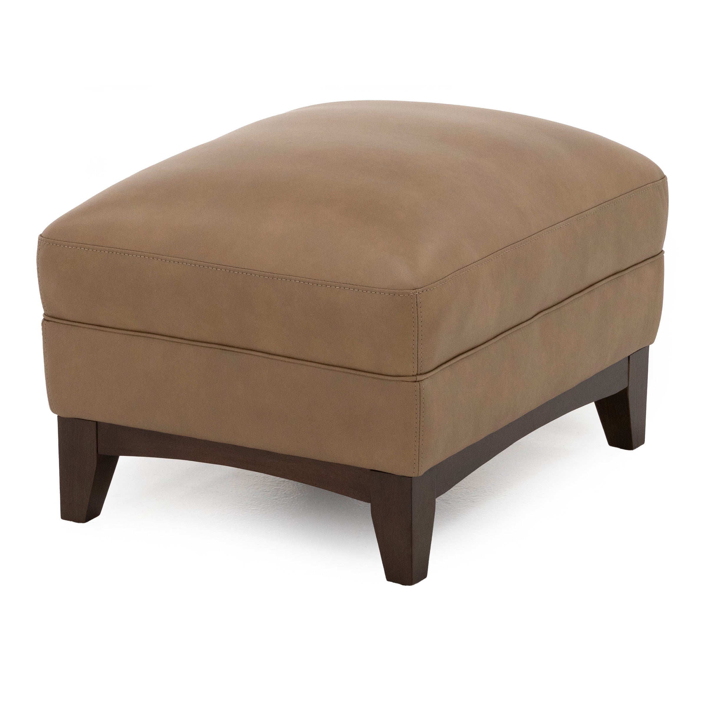 Light brown leather ottoman with dark wooden legs.