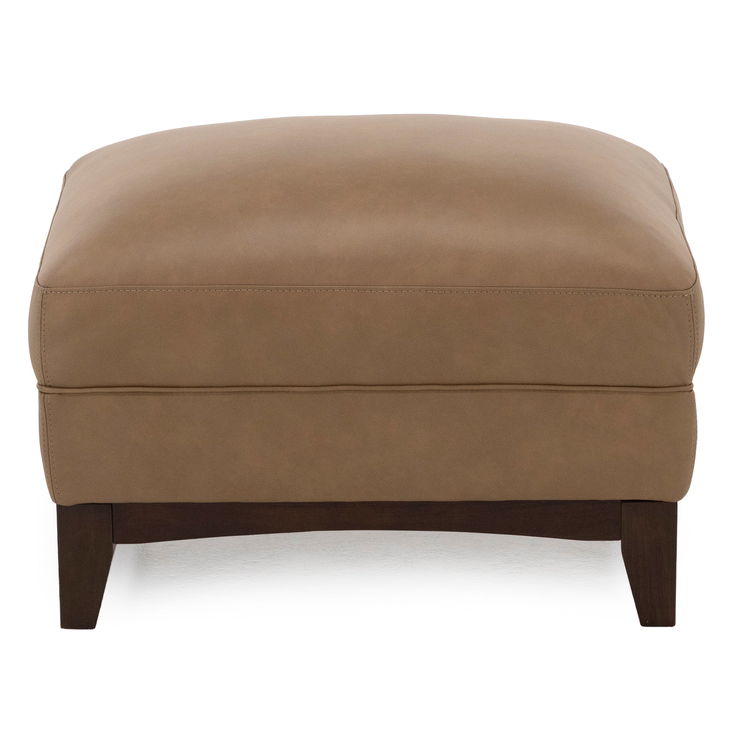 Brown leather ottoman with dark wooden legs, shown from front view.