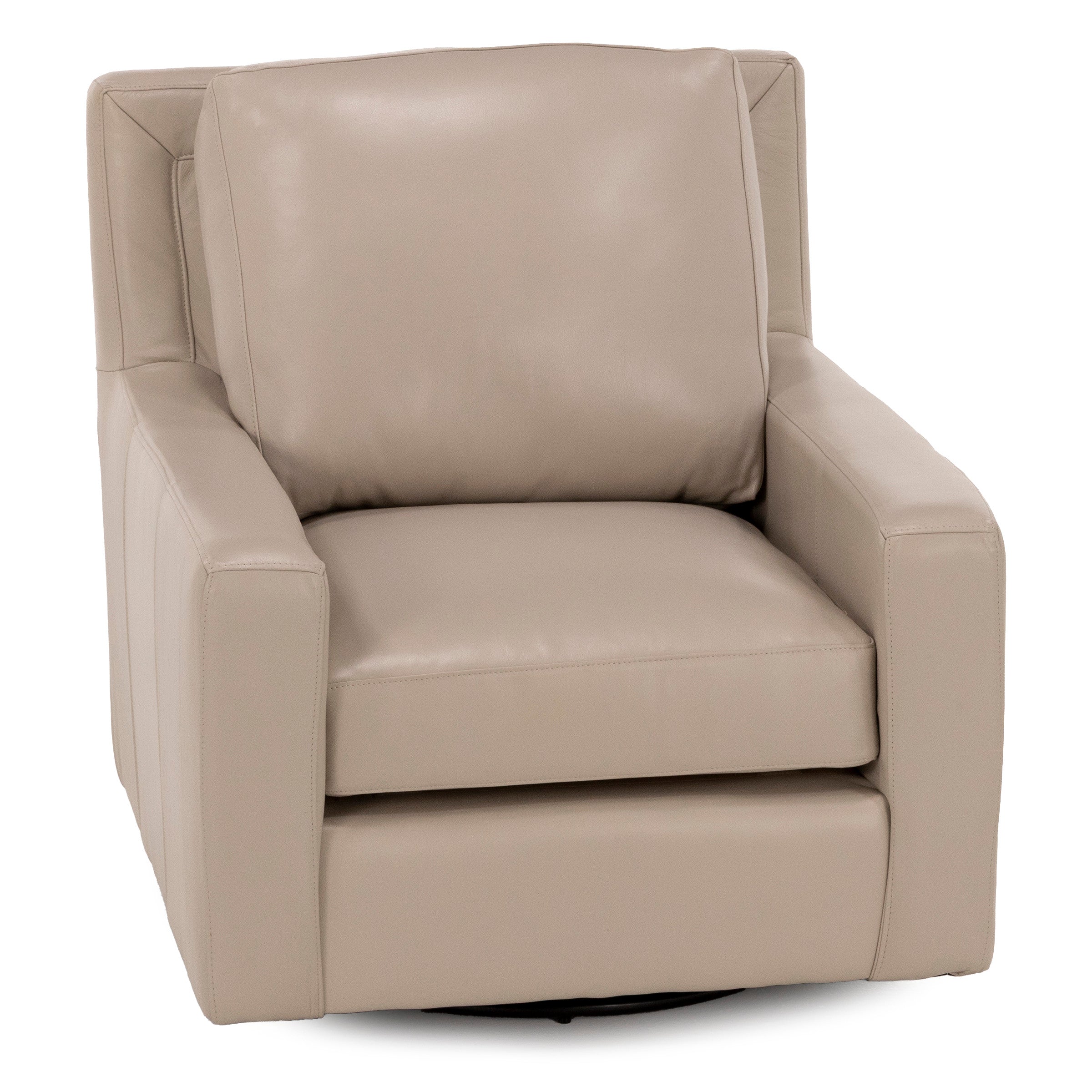 Beige leather swivel armchair with cushioned seat and back.