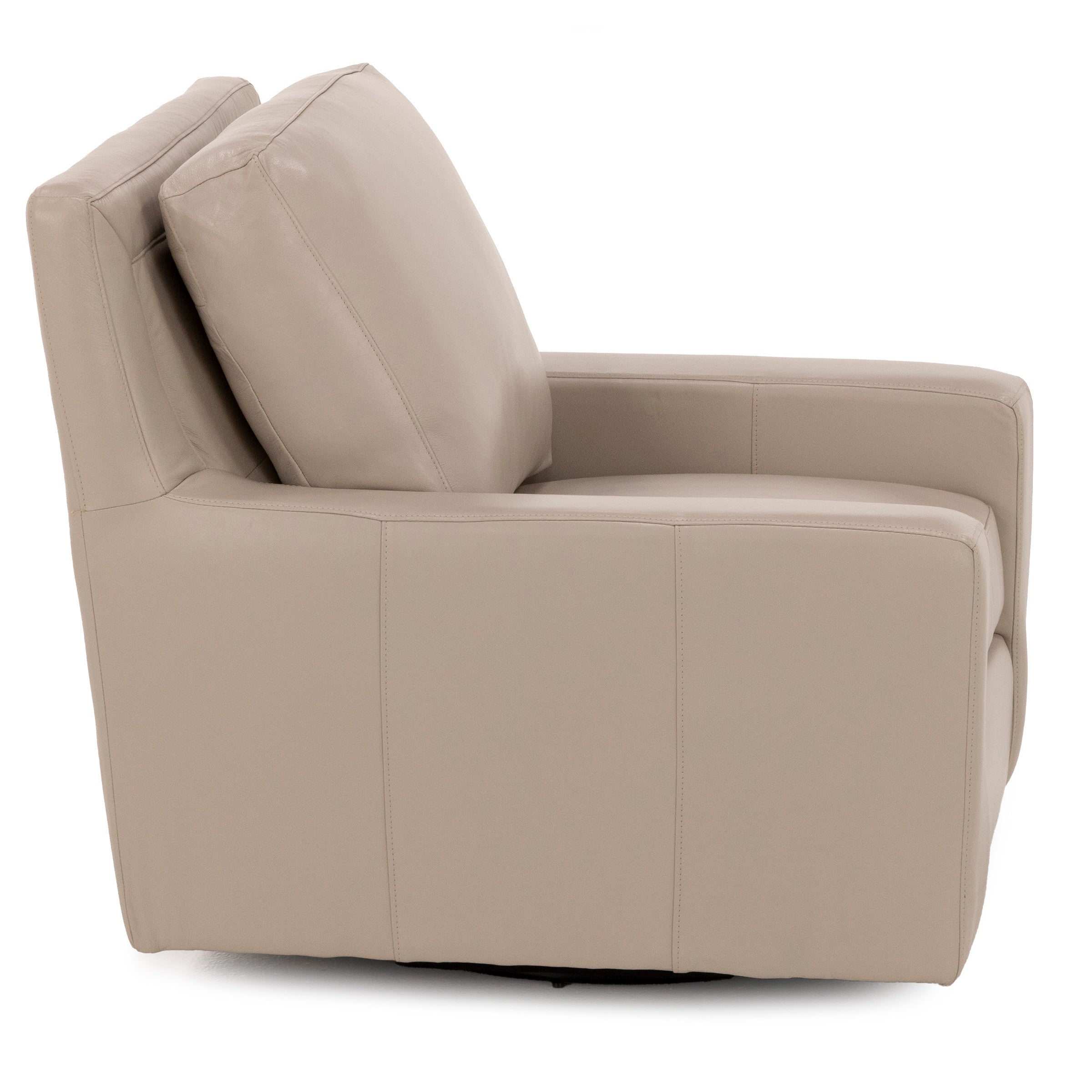 Side view of a modern beige leather armchair with square arms and plush cushions.
