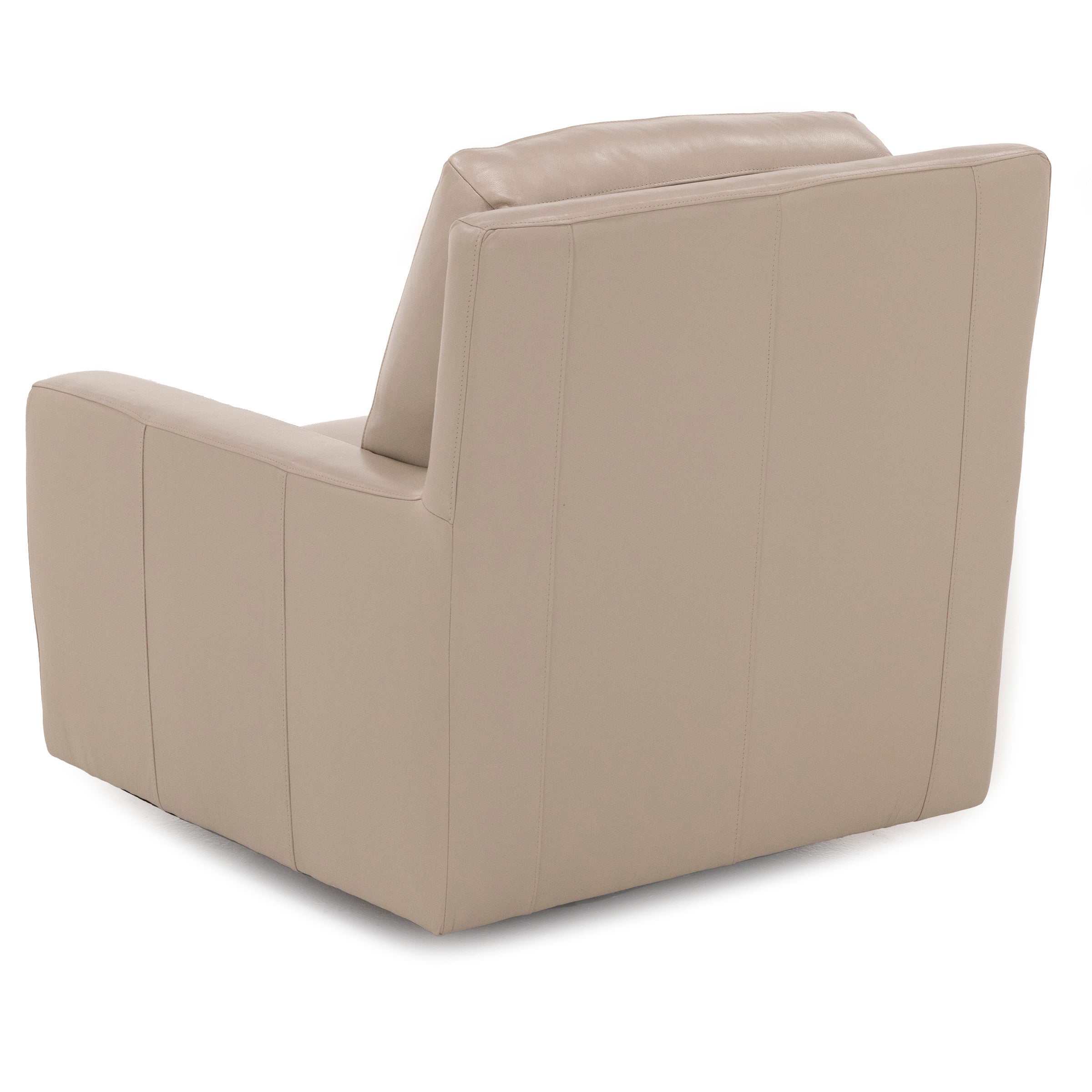 Rear view of a modern beige armchair with clean lines and a boxy design.