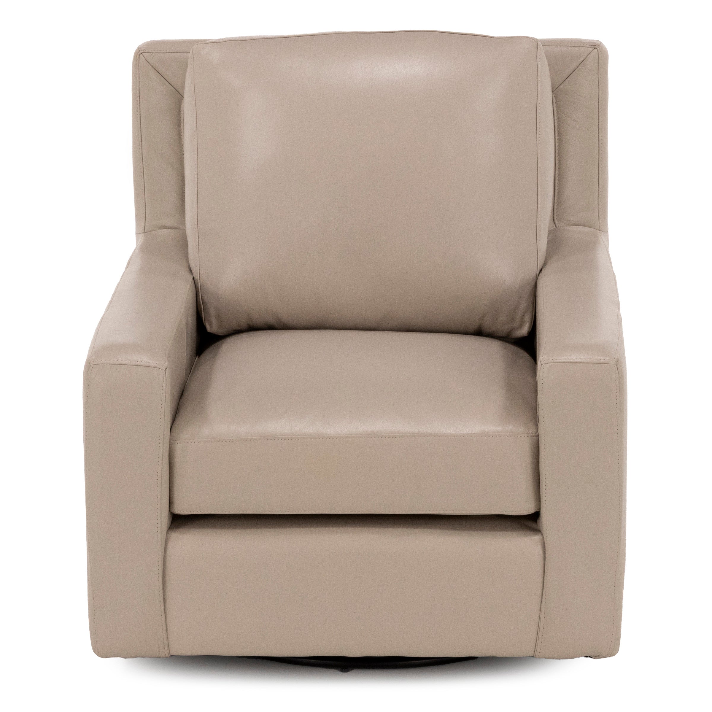 Beige leather armchair with boxy arms and backrest, shown from the front.