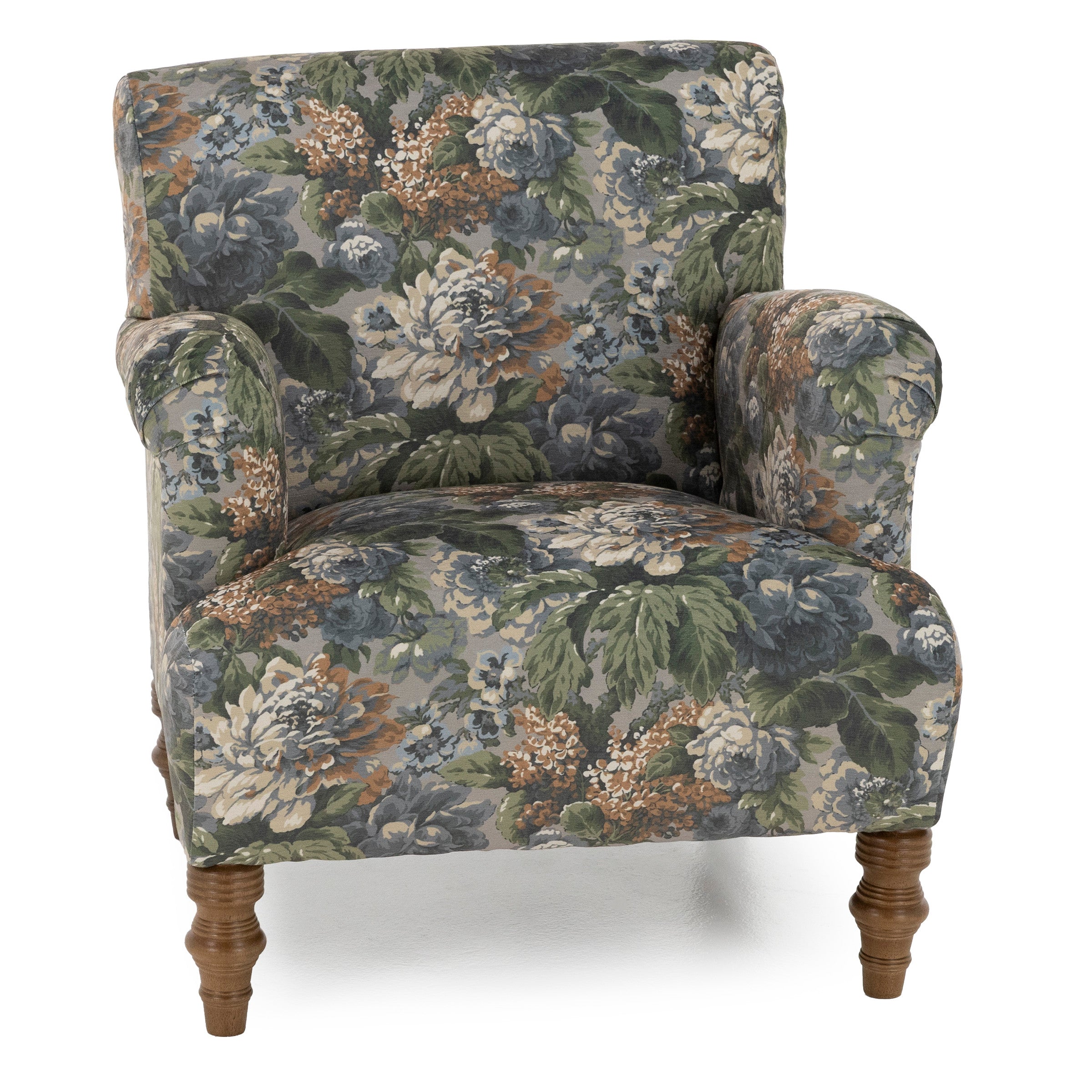 Floral upholstered armchair with wooden legs.