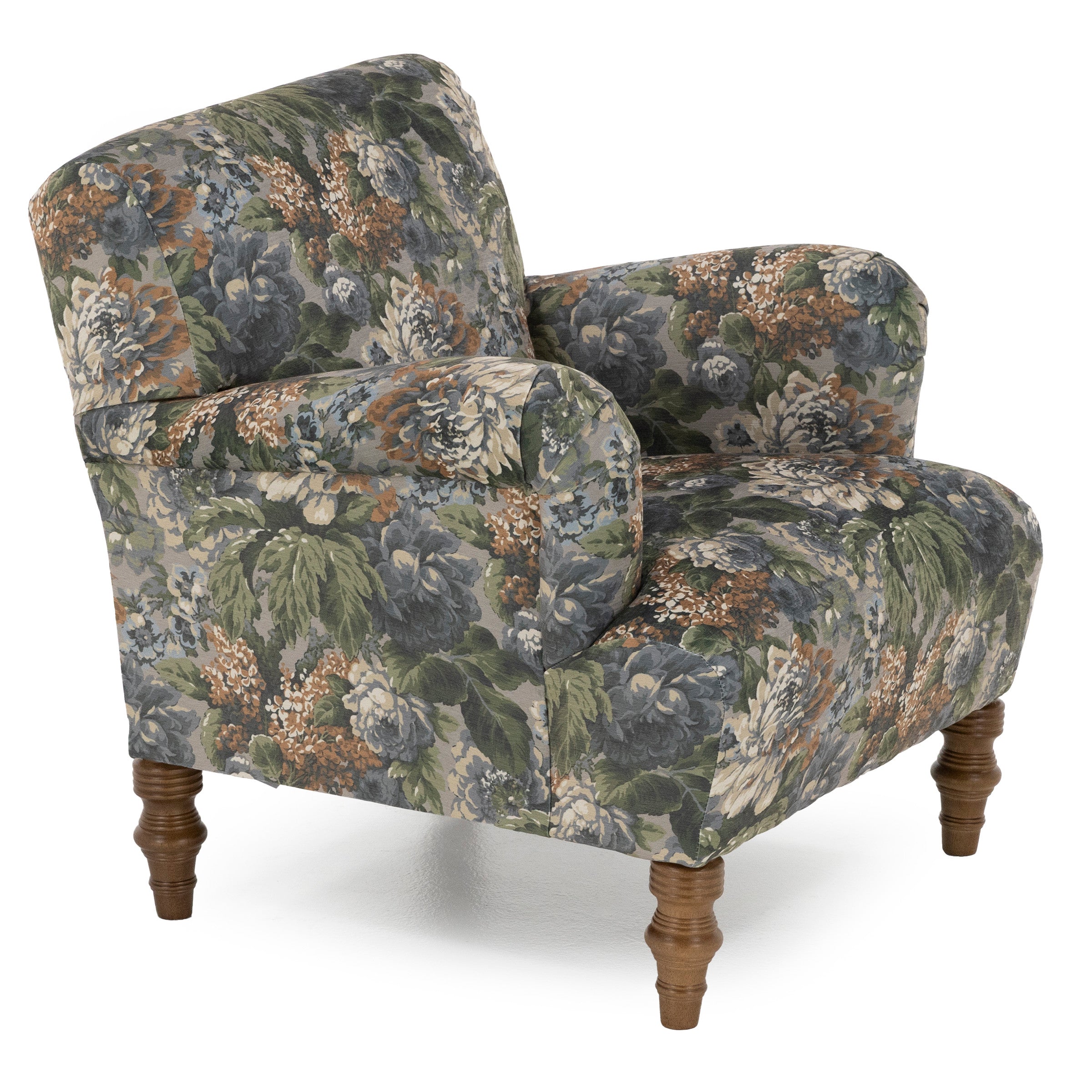 Upholstered armchair with floral pattern and wooden legs.