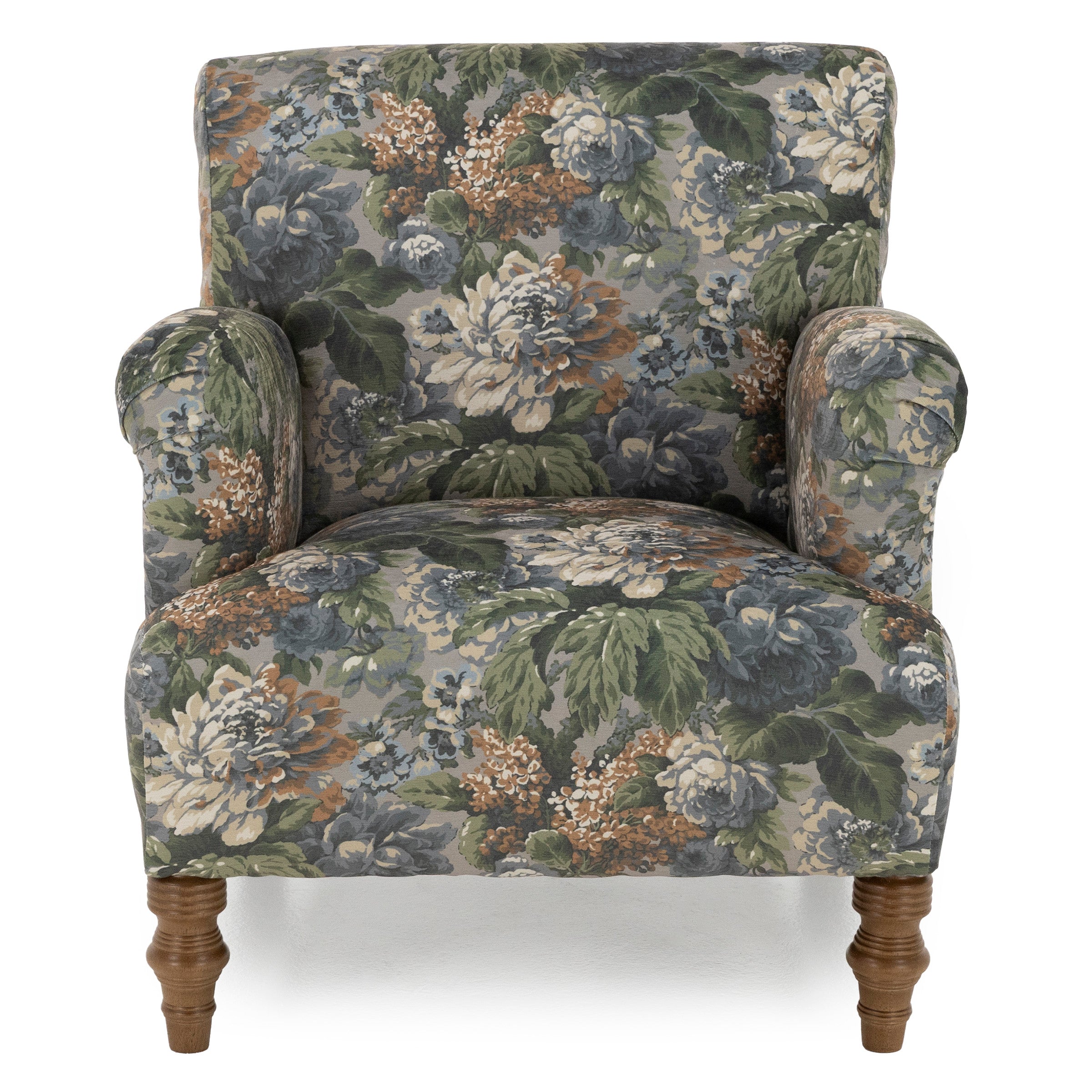 Upholstered armchair with floral print fabric and wooden legs, front view.