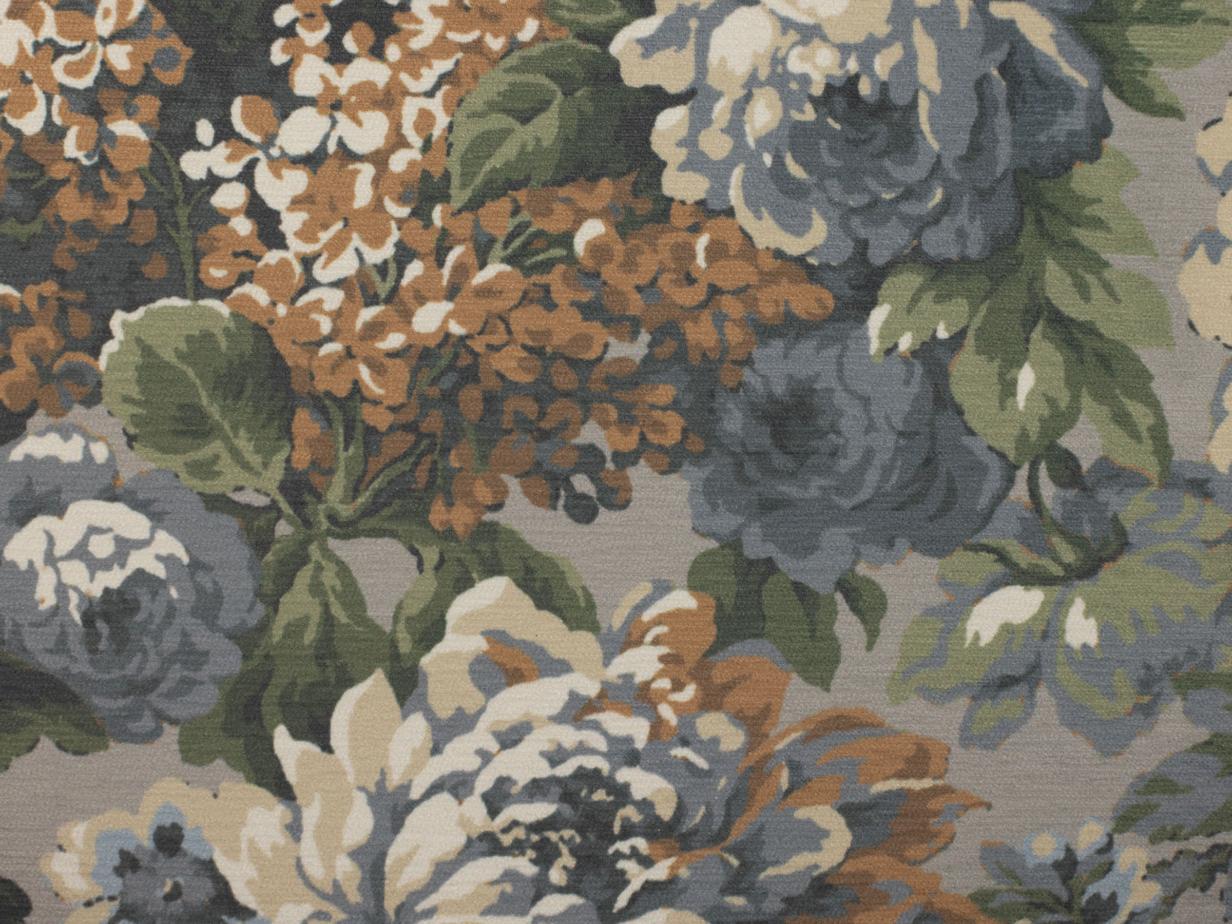 Floral pattern with blue, cream, and brown flowers and green leaves on a neutral background.
