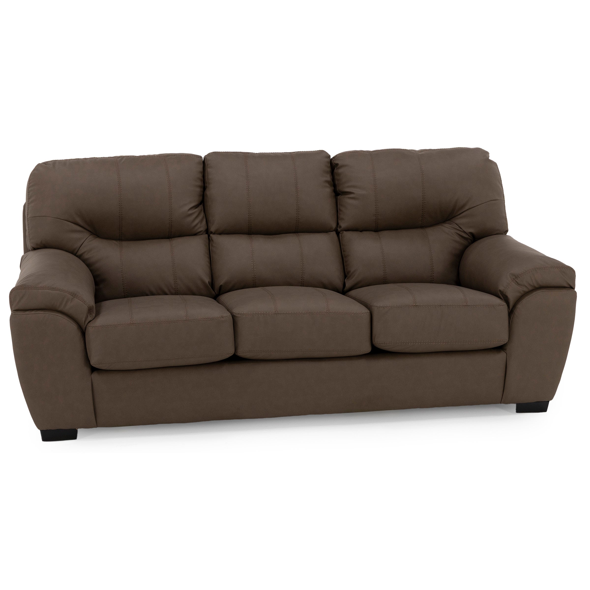 Brown three-seat sofa with plush cushions and pillow arms.