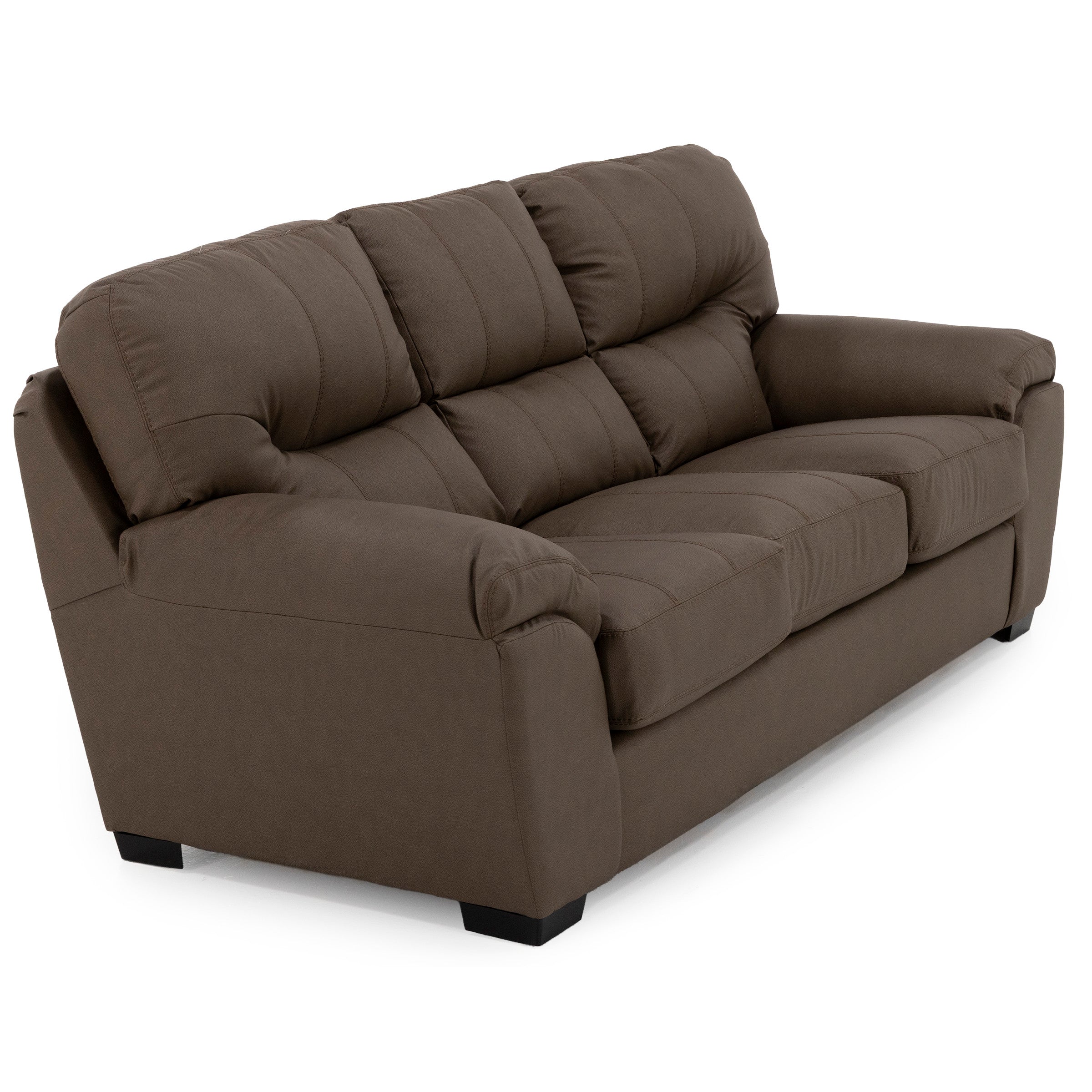 Brown three-seat sofa with plush cushions and wide armrests.