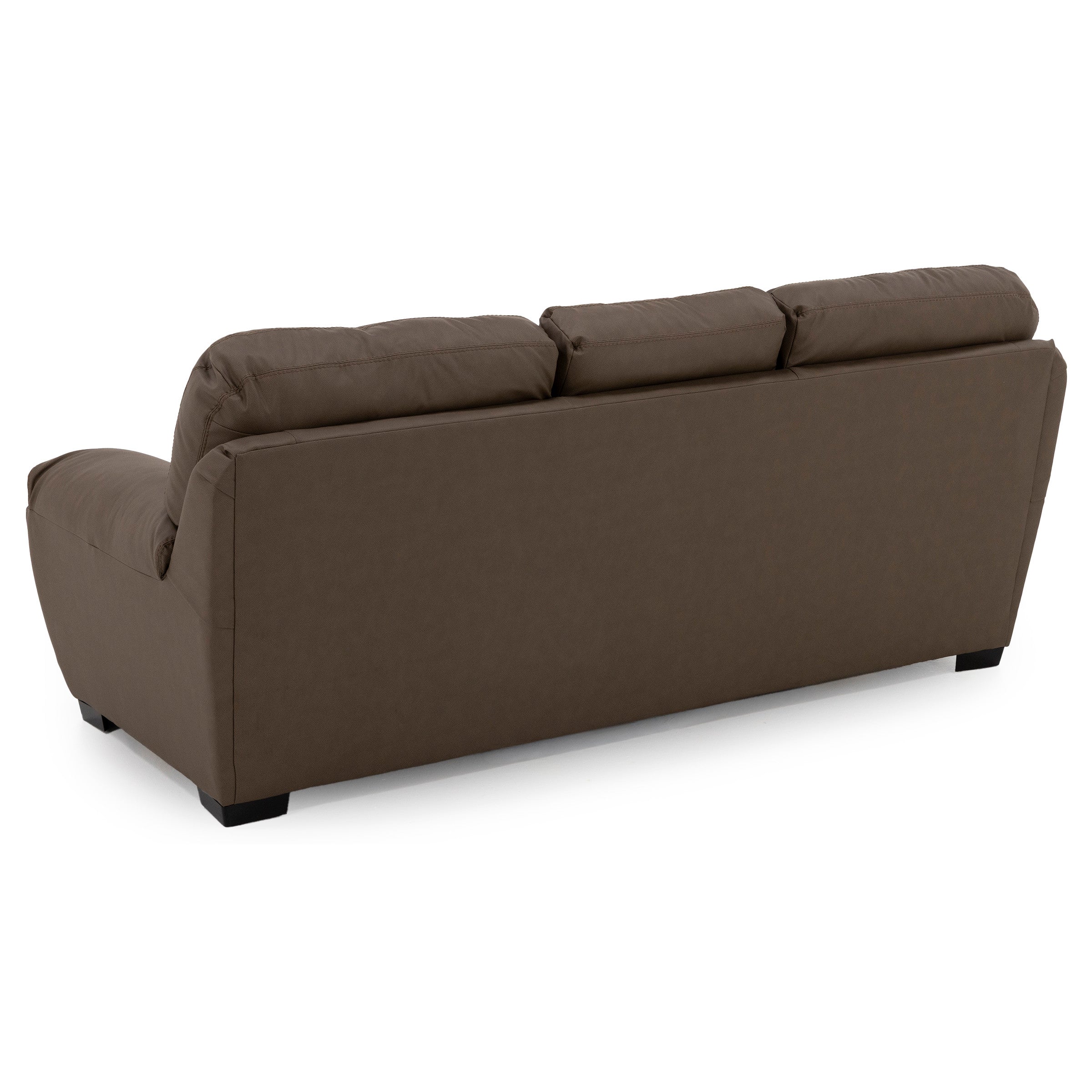 Back view of a brown three-seat sofa with cushioned headrests.