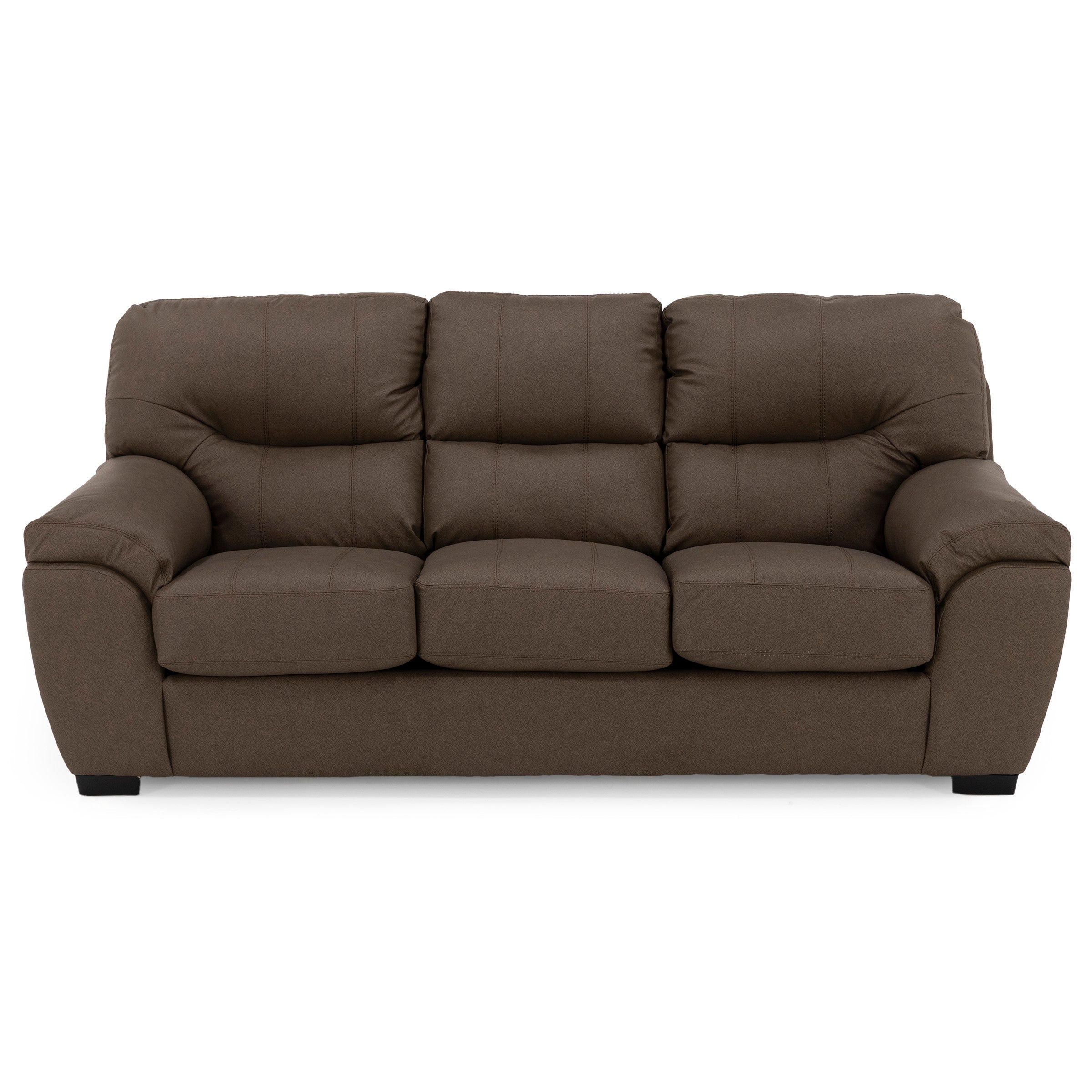 Brown three-seat sofa with plush cushions and wide arms.