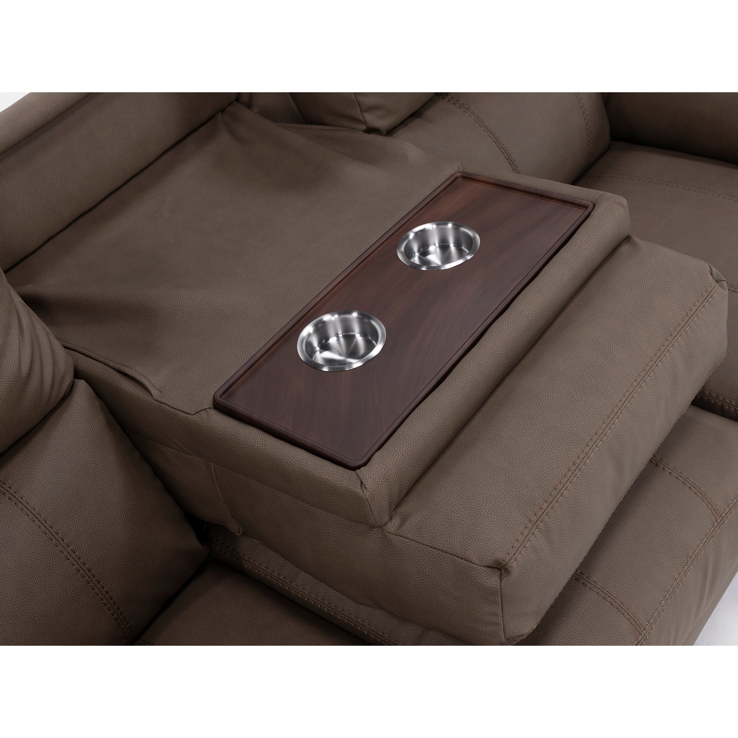 Brown sofa with a built-in console featuring two stainless steel cup holders.